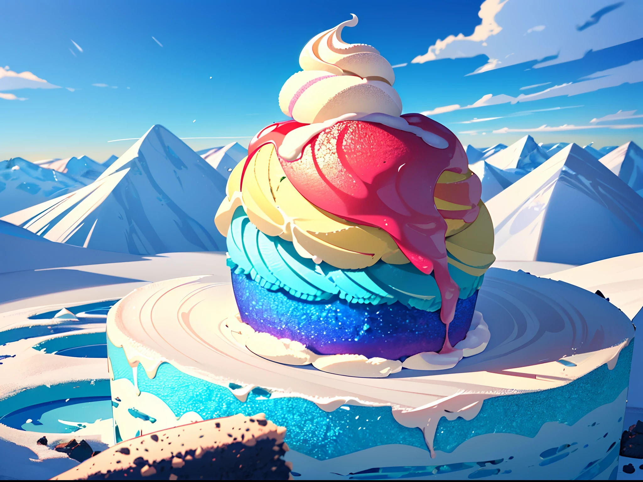 (Precise and unmatched illustrations:1.3), (world made of colorful ice cream). An earth made of ice cream, a house made of ice cream cake, a mountain made of chocolate ice cream, a tree made of strawberry ice cream, (Best Quality), (masutepiece:1.3), Ultra-detailed,