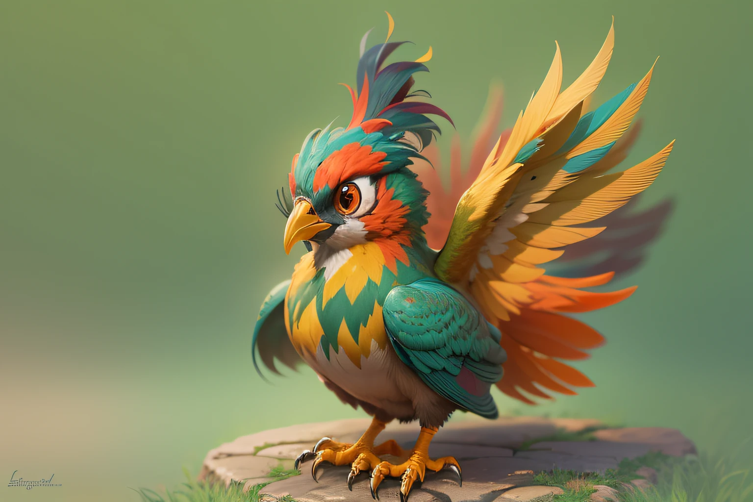 Eduardo Rodriguez Calzado style，Phoenix bird，Dumb cute，Long tail，Colorful colors