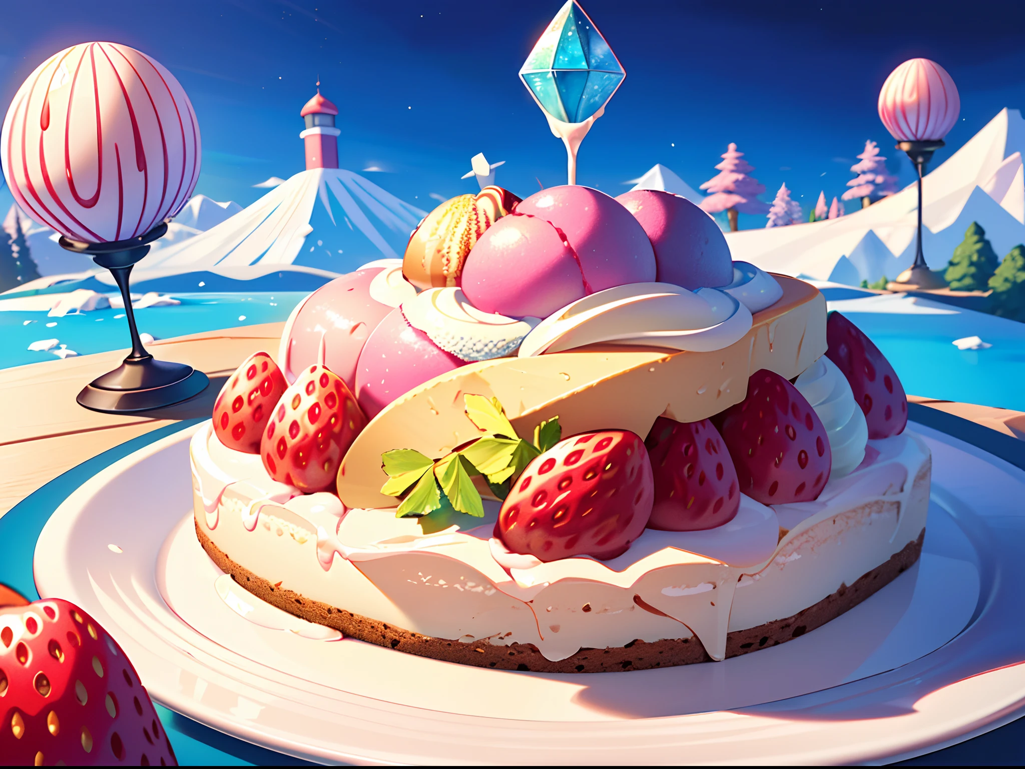(Precise and unmatched illustrations:1.3), (world made of colorful ice cream). An earth made of ice cream, a house made of ice cream cake, a mountain made of chocolate ice cream, a tree made of strawberry ice cream, (Best Quality), (masutepiece:1.3), Ultra-detailed,