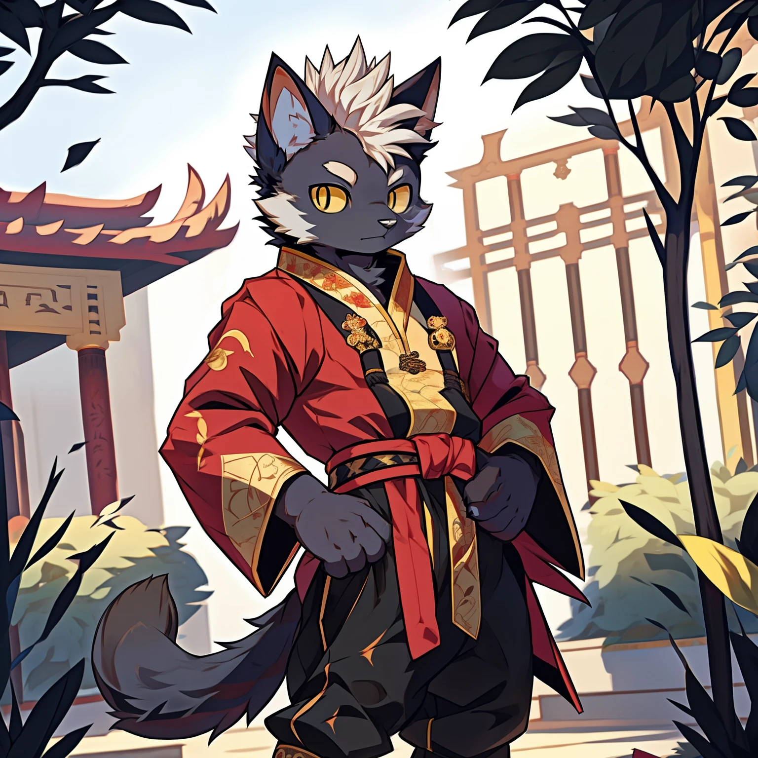 Best quality, Young, 15 year old, Furry, Solo, Male cat: 1.5, Black colored skin:1.3, Black fur:1.3, Yellow eyes, Muscular body, Wearing Chinese robe, Standing in the garden of royal palace, Mohawk hair, Detailed fur, Detailed cloths, Furry animal ears, Humanoid hand, Wearing Chinese style pants, Black cheek fur