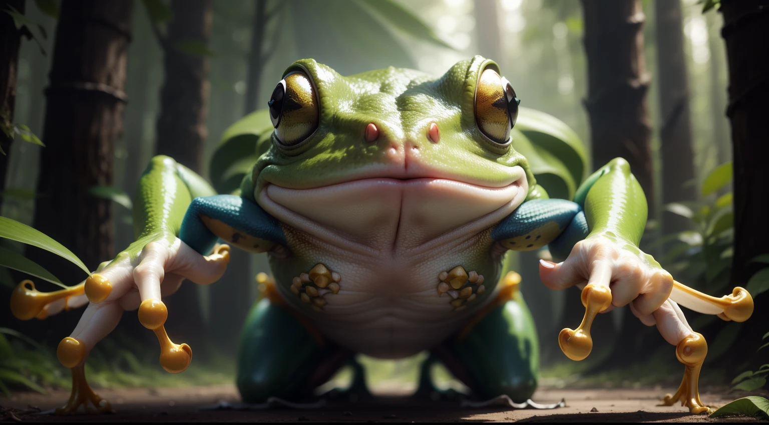 With a frog as the appearance,Frog with claws ,Frogs as the main body,Protruding sharp claws,Close-up of the hand ,Hands up ,Sharp claws,sci-fy,magic,forest backgrou,4K ,ultraclear,