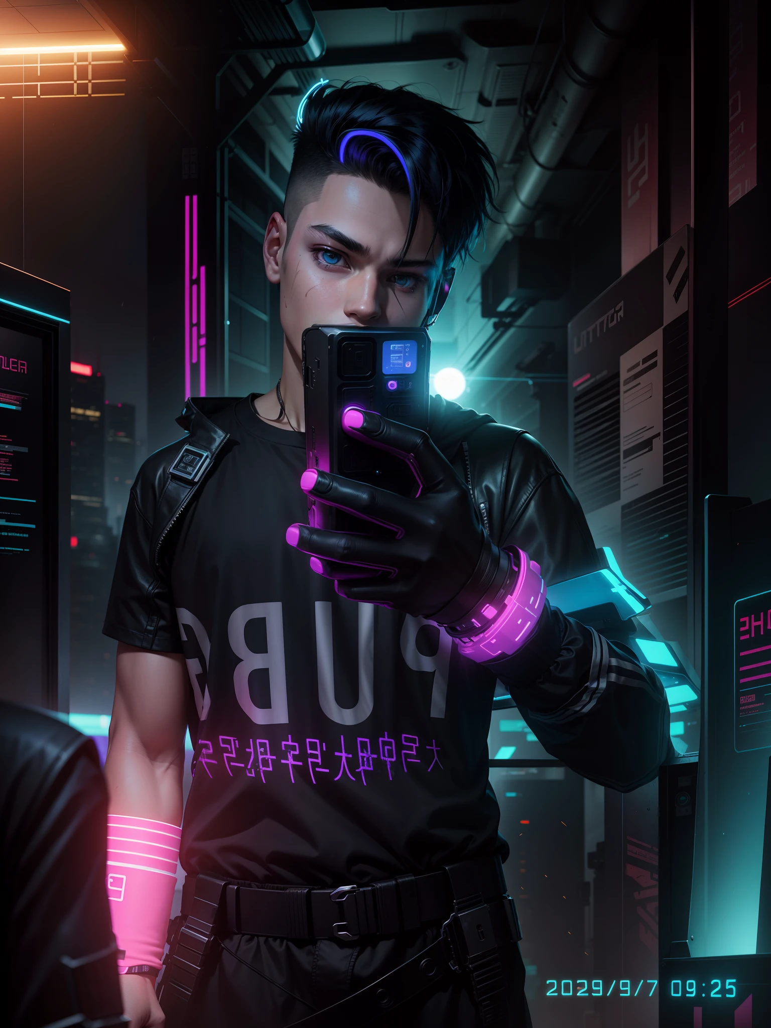 cyberpunk, real face, cinematic, neon hair, hdr, change background ultra real quality ,no face change as it is same face,17 year teenager young boy, cool face like original photo