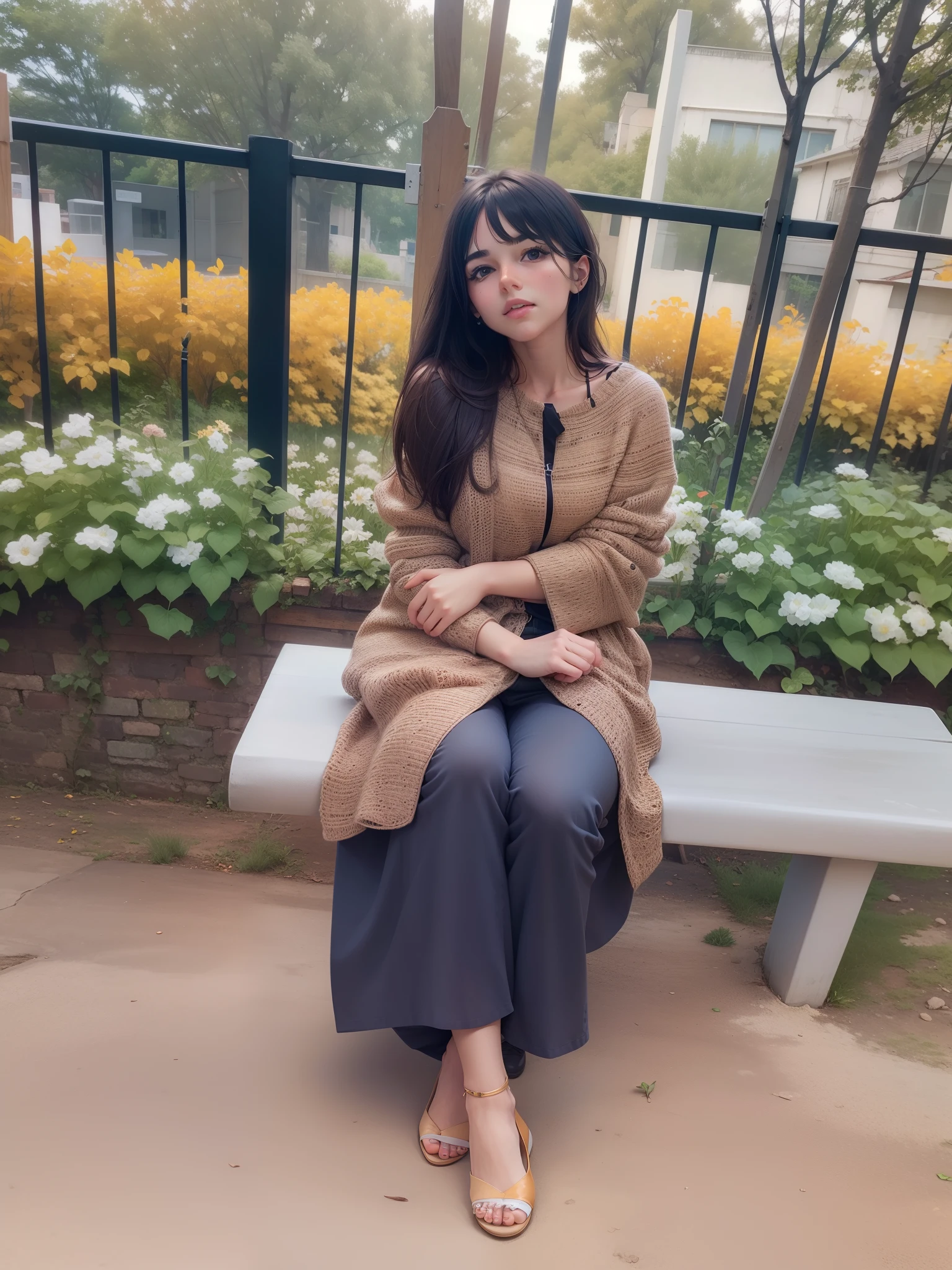 Beautiful girl sitting on a bench in the garden ultra realistic face change background