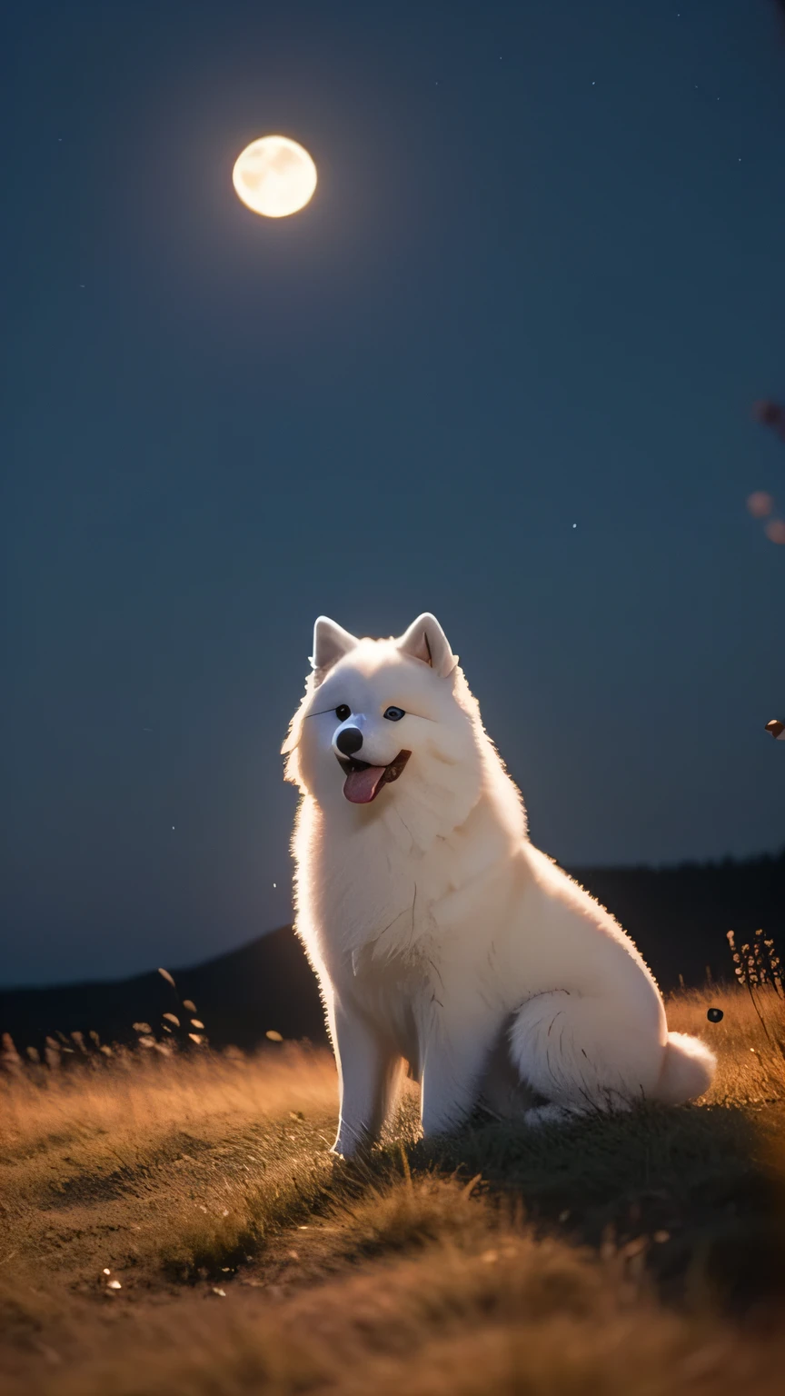 One in the middle of a moonlit night is Samoyed on the steppe