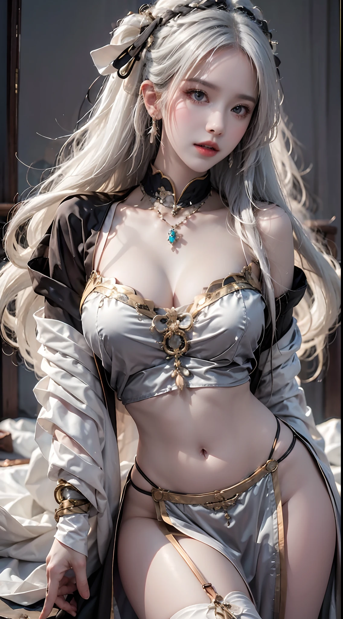 photorealistic, high resolution, soft light,1women, solo, hips up, (detailed face), jewelry, outfit-skyline, white hair, shidudou