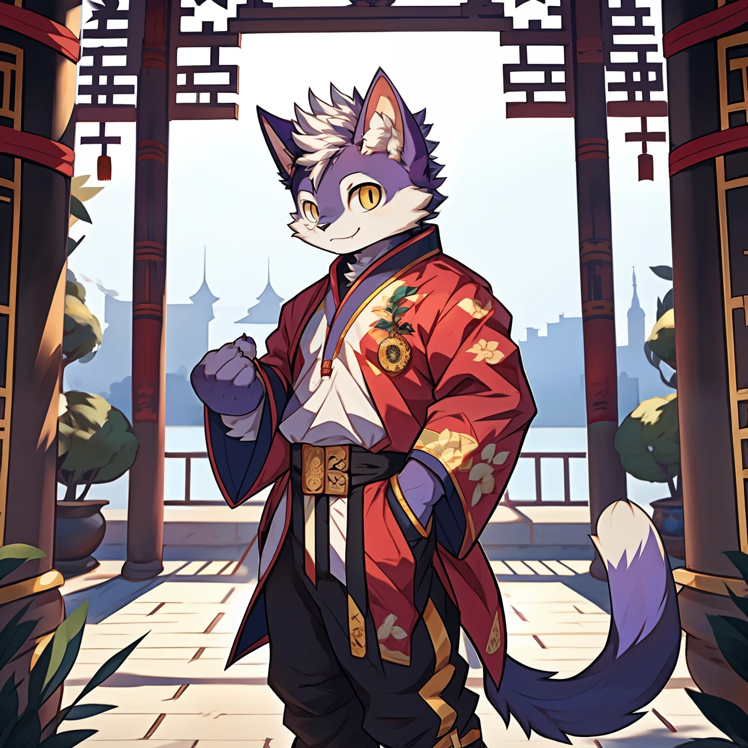 Best quality, Young, , Furry, Solo, Male cat: 1.5, Purple colored skin:1.3, Purple fur:1.3, Yellow eyes, Muscular body, Wearing Chinese robe, Standing in the garden of royal palace, Mohawk hair, Detailed fur, Detailed cloths, Furry animal ears, Humanoid hand, Wearing Chinese style pants.