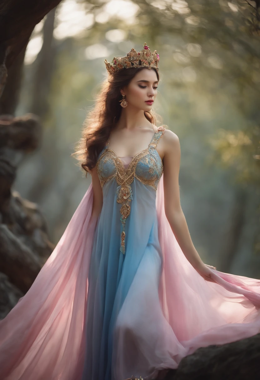 best qualityer, tmasterpiece, 超高分辨率, Close-up of a woman in a flowing blue-pink gauze dress, close-up all over the body, sexy for, Shoulder cut, beautiful teenage girl, Beautiful queen fantasy, Ethereal beauty, Beautiful costume girl, beautiful goddess woman, ((Beautiful queen fantasy)), oriental fantasy, Ethereal fantasy, detailed scene, awesome pose, Attractive accessories, picturesque, brunette color hair, fanciful, Small animals around her, in the middle of a forest,