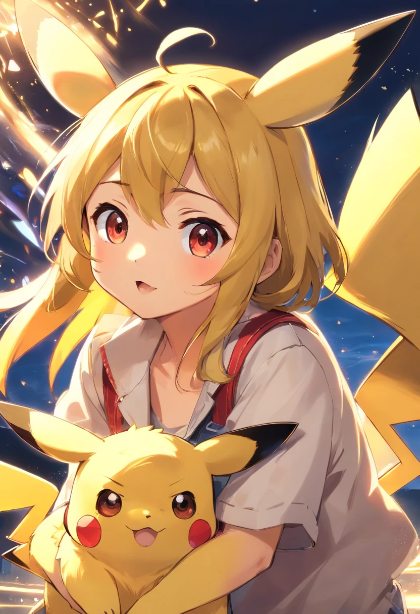 Pikachu is playful and cute，Lively and agile，Yellow soft hairs，Red blush，sparkling big eyes，Cute little pointy ears