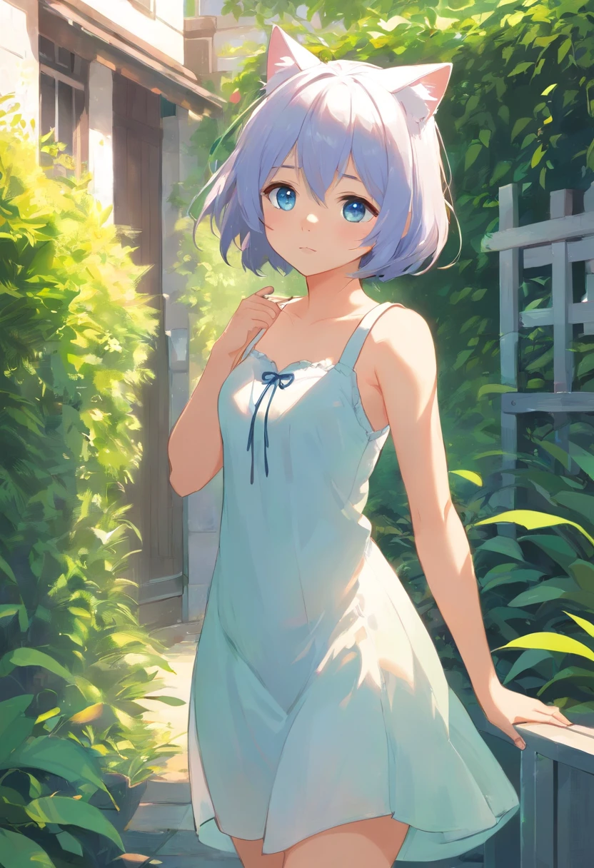 Cat-eared girl in white dress standing in garden, BREAK，silber hair，blue eyes，(((Sleeveless)))，Hang the laundry to dry，Holding a laundry basket with clothes，loli in dress, small curvy loli, artwork in the style of guweiz, guweiz on pixiv artstation, guweiz on artstation pixiv, guweiz, small loli girl, soft anime illustration, Anime visuals of cute girls, Detailed Digital Anime Art