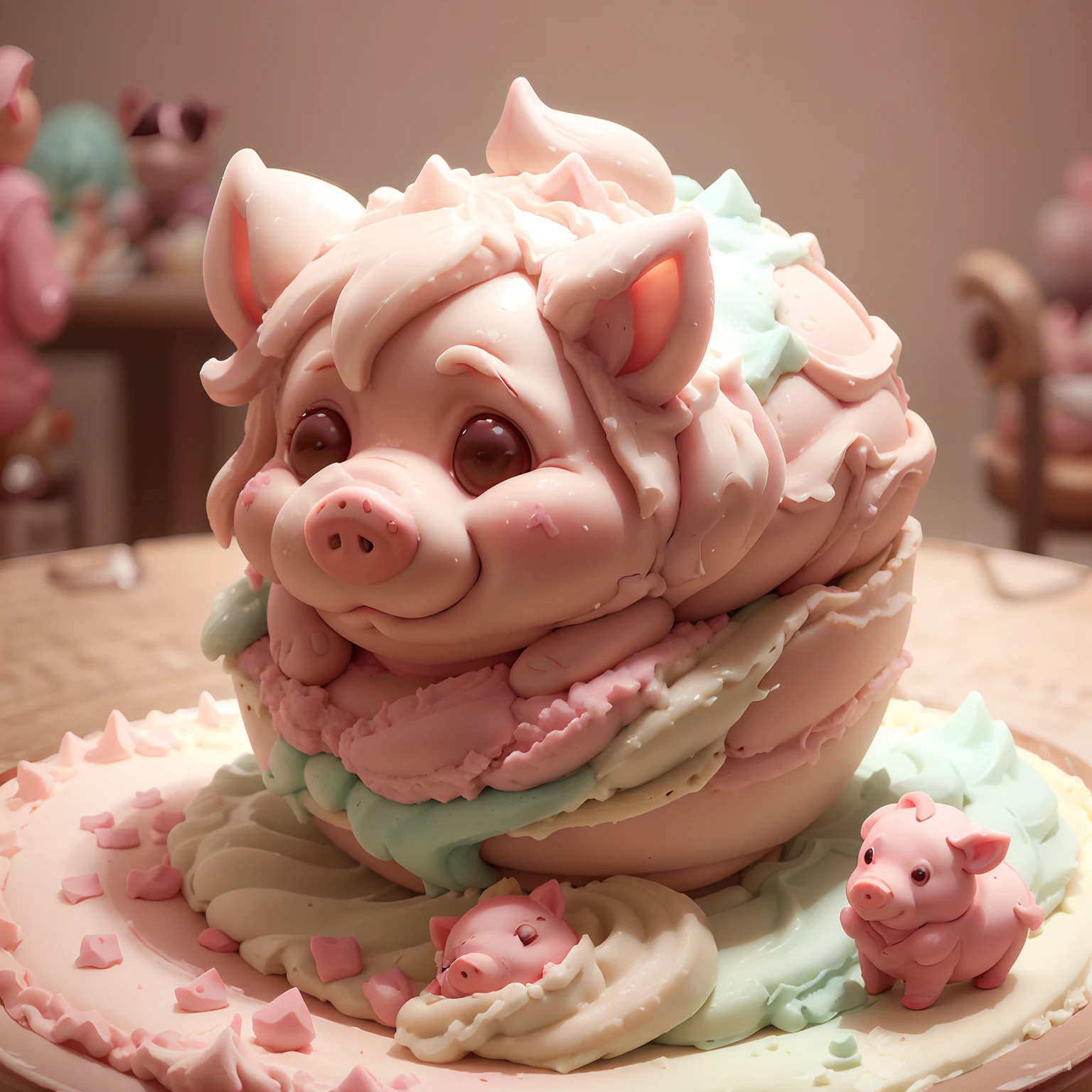 Cute little piglet lying on ice cream，Eyes made of dark chocolate，Look innocently at the camera，Made with ice cream，Clay figure modeling，blindbox，（adolable），tmasterpiece，Best quality at best，