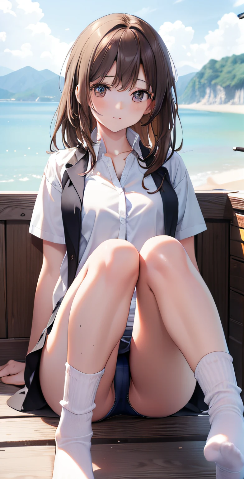 ultra-detailliert, hight resolution, (Realistic, Photorealistic: 1.4), 8K, Raw photo, (masutepiece), (Best Quality), physically-based renderingt, Female college student, long brown hair, Korea, Beach, Unbuttoning socks and looking at them_white_Shirt