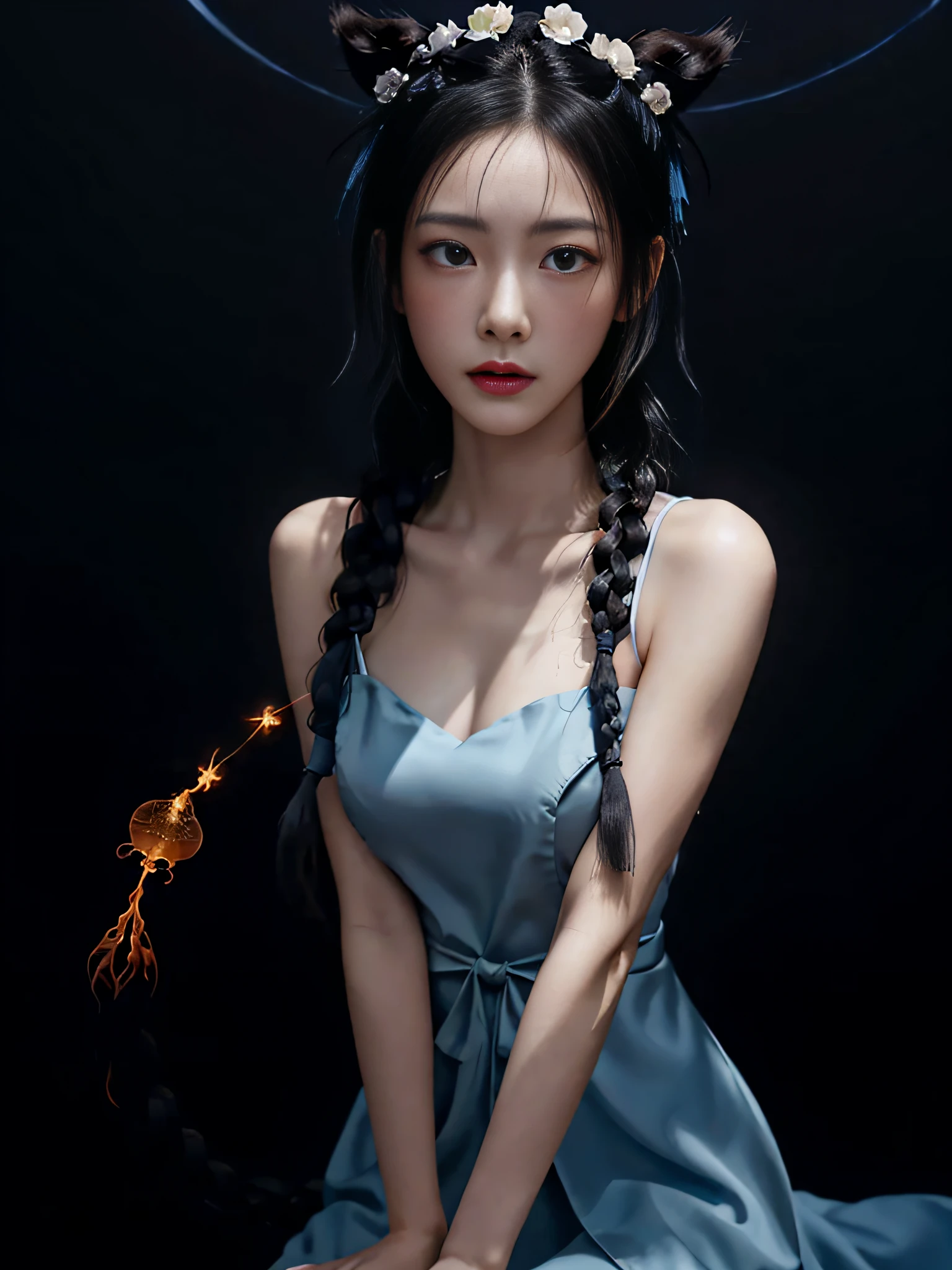((tmasterpiece))), Best Picture Quality, high definition detail, Dream illustration, Soft and beautiful, Dynamic angle, Look up at a beautiful young girl,large breast, Float in the deep blue fantasy air, A pair of beautiful and delicate eyes,, black color hair, Double tail braid, Combat Hanfu, Cast magic with a golden glow,The expression is firm,The facial expression is detailed,Fighting posture, Magic Circles, electrified, Ray traching, Detailed all,