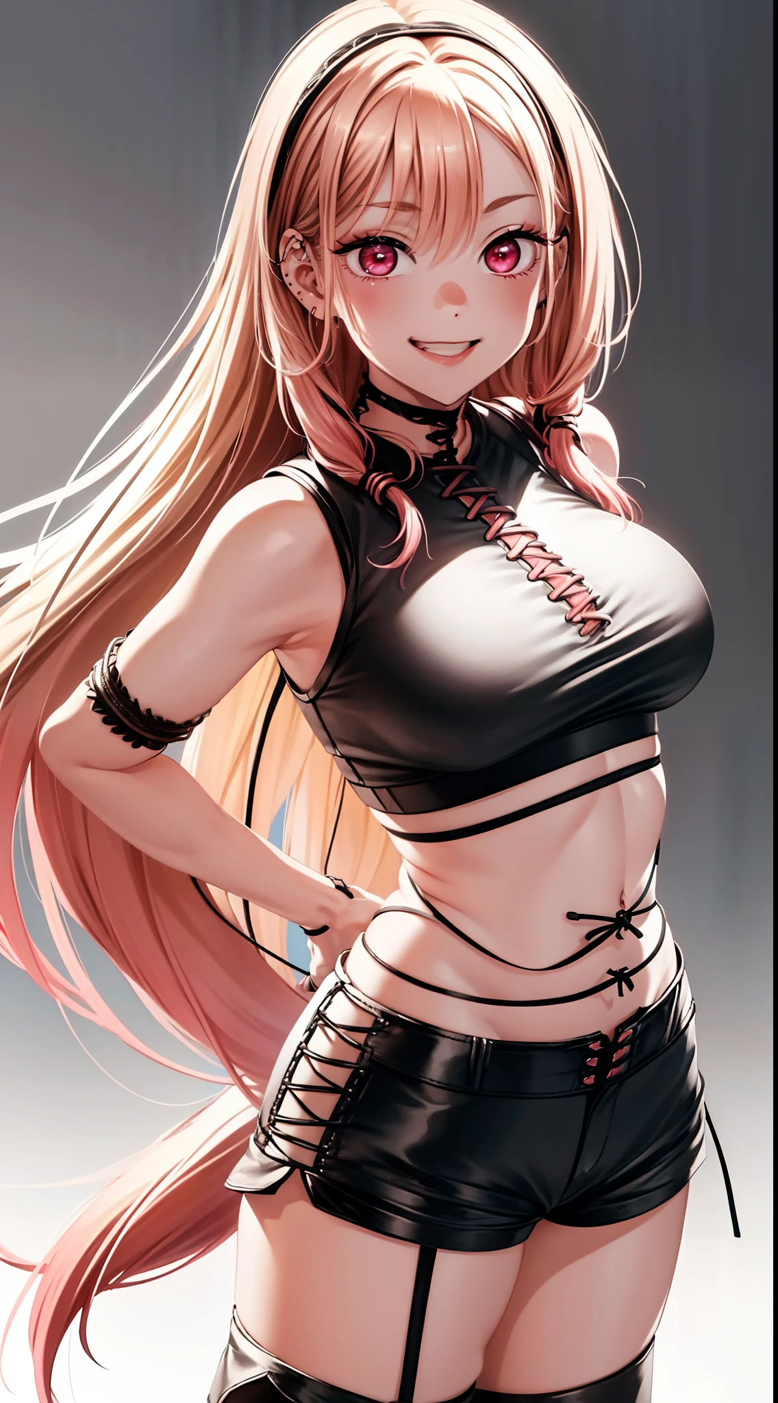 8k, highres, ultra detailed, (masterpiece:1.4), best quality, symmetrical body, (black croptop:1.4), (leather Black shorts with white laces:1.4), cute, solo, long hair, blonde hair with pink hair tips, red eyes, glow effect, finely eye, wide smile, detailed face, looking at viewer, smilling at viewer, bedroom, angled view, big breasts