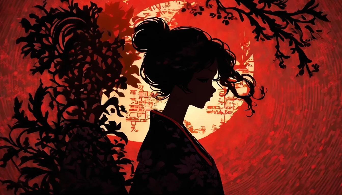 (Silhouette Art,cutouts:1.6)
(((Paper cutting art,A world where only black exists:1.3)
(Cowboy Shot),1 girl,Solo,
(Kimono Girl,profile:1.2),white, Clear and beautiful face,
BREAK
(Red Heart)
Textured glass background,