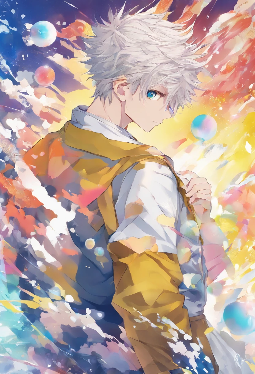 (masterpiece), (best quality), (ultra detailed),(disheed hair),(illustration), (1boy), (Fashionable clothing), standing, Fashion model, looking at viewer, (interview), (simple background), Beautiful detailed eyes, delicate beauty, floating, (high saturation), (colorful splash), colorful bubbles, (shine), focus on the face, white spiky hair, Garou, hero hunter, muscular frame, blushing face, yellow eyes, ripped clothing, exposed abs