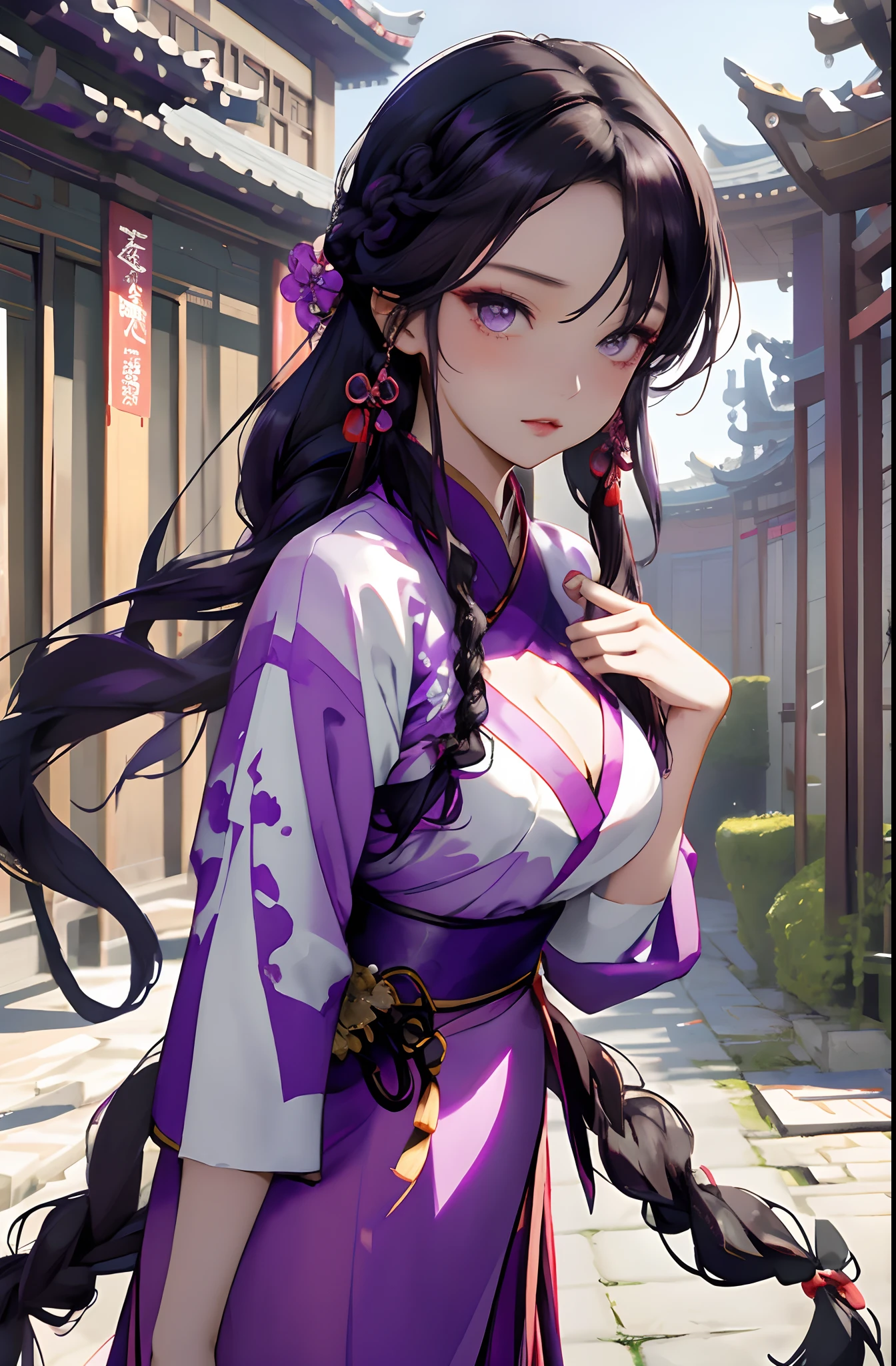 tmasterpiece,A woman who is,Raised sexy,closeup cleavage,Wear purple tulle,Chinese Hanfu,Chinese Traditional Cloth,Black braided hair,Behind is the courtyard,dynamicposes,closeup faces