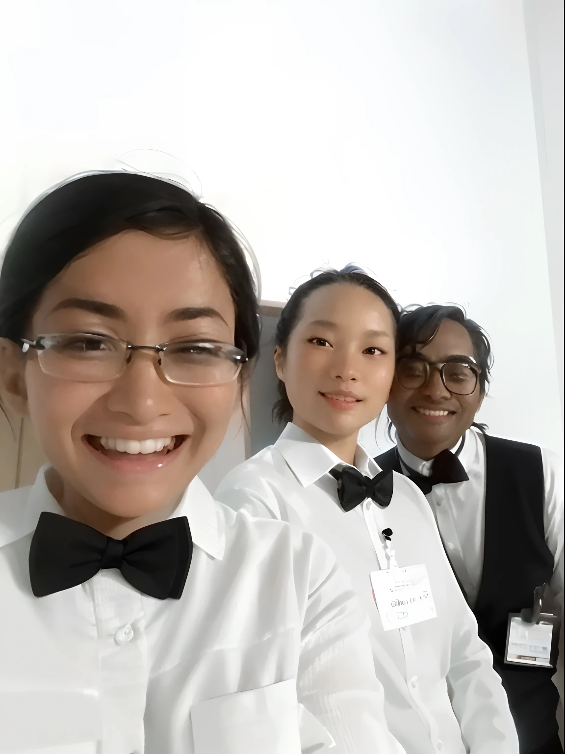 there are three people in white shirts and black bow ties, selfie photo, selfie, selfie shot straight on angle, server in the middle, selfie!!!!!, not blurry, non blurry, student, profile picture, posing elegantly over the camera, pov photo, wearing white cloths, smiling for the camera, accidental selfie, with wet faces!!, looking at camera!!!