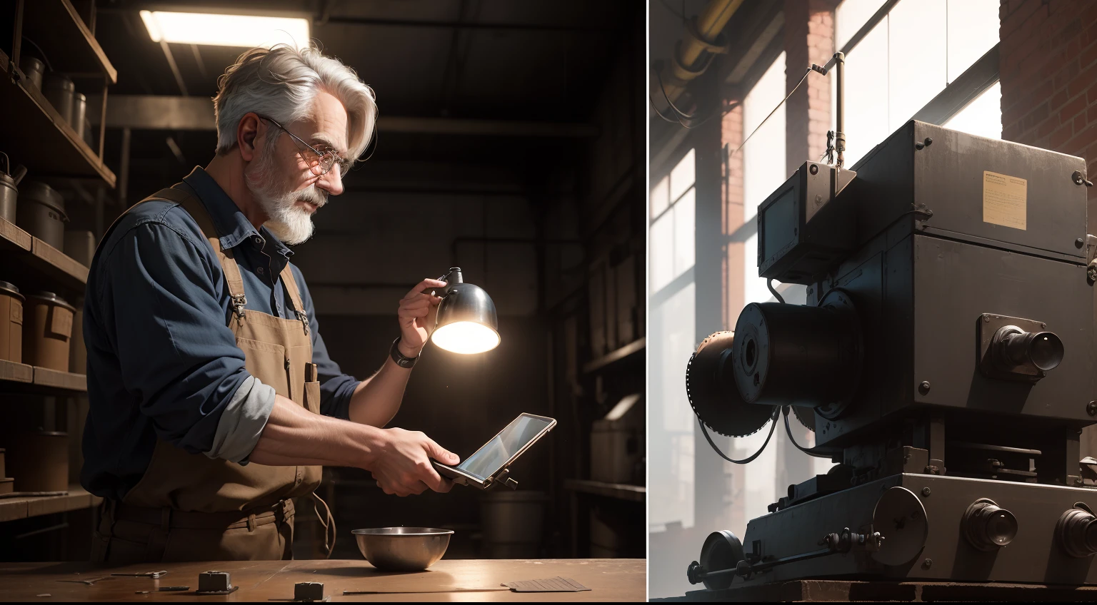 in a panoramic view，photorealestic，The picture is split in two，On the left is an old worker，In an old factory from the 20th century，His right hand is raised to face the camera，On the right side of the screen is a modern factory，In a modern factory, The intelligent robotic arm is operated by a young male engineer，From the old worker on the left side of the frame, he receives the things handed over from the left side of the frame