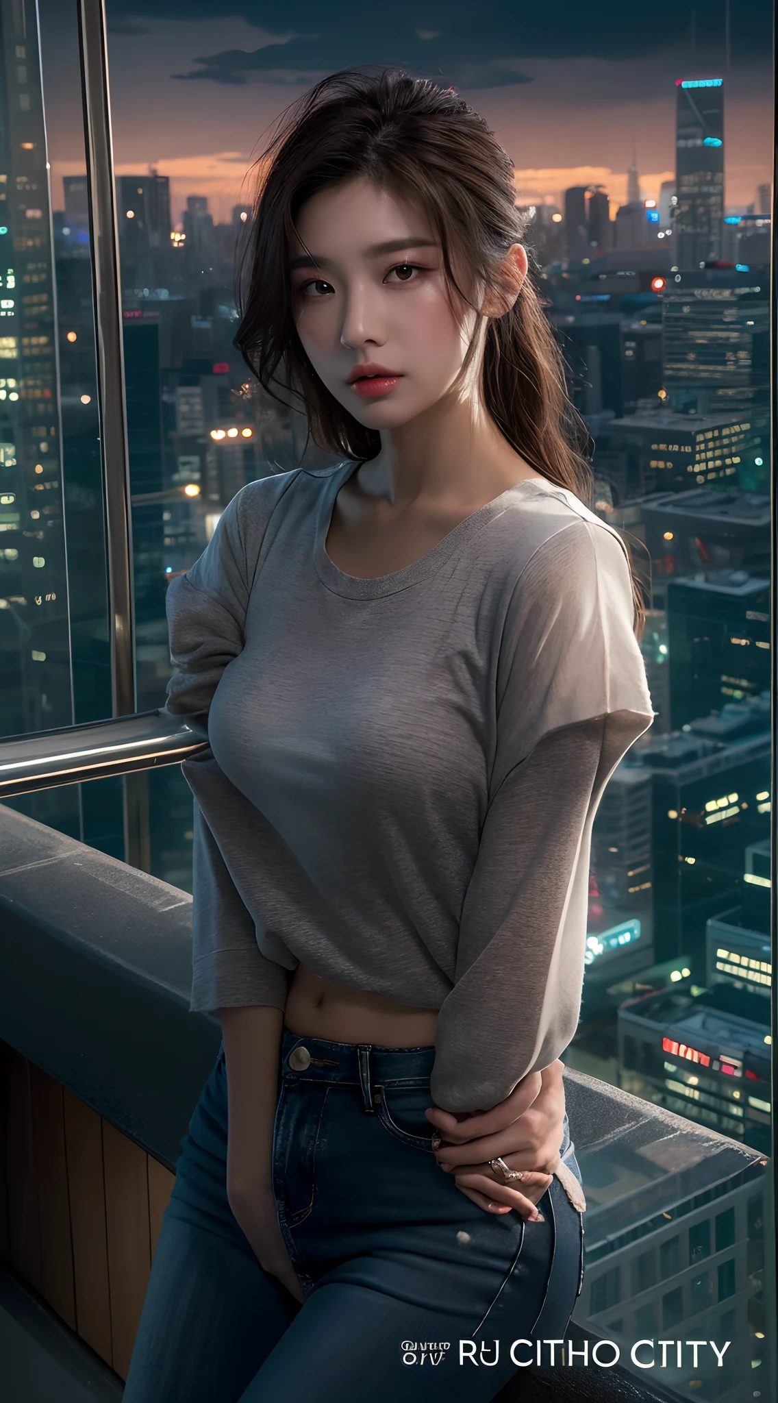 ((Midnight, Best quality, 8k, Masterpiece :1.3)), Whole body, Long legs, Sharp focus :1.2, A pretty woman with perfect figure :1.4, Slender abs :1.1, ((Dark brown hair, Big breasts :1.2)), (White tight tshirt, Jean bib, Standing:1.2), ((Night city view, Rooftop:1.3)), Highly detailed face and skin texture, Detailed eyes, Double eyelid