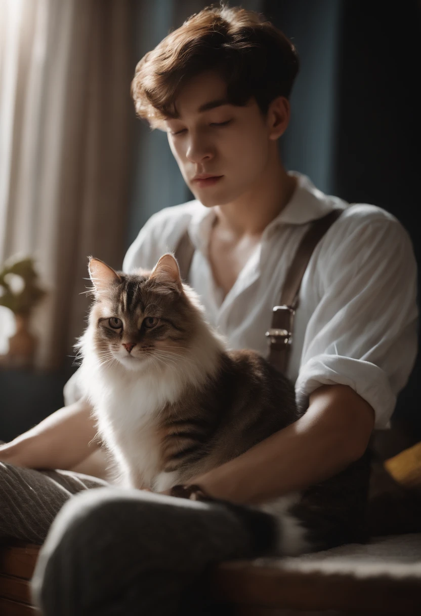 18-year-old boy，Gray suspenders，Cat ears，Big soft bed，adolable，the detail，tmasterpiece