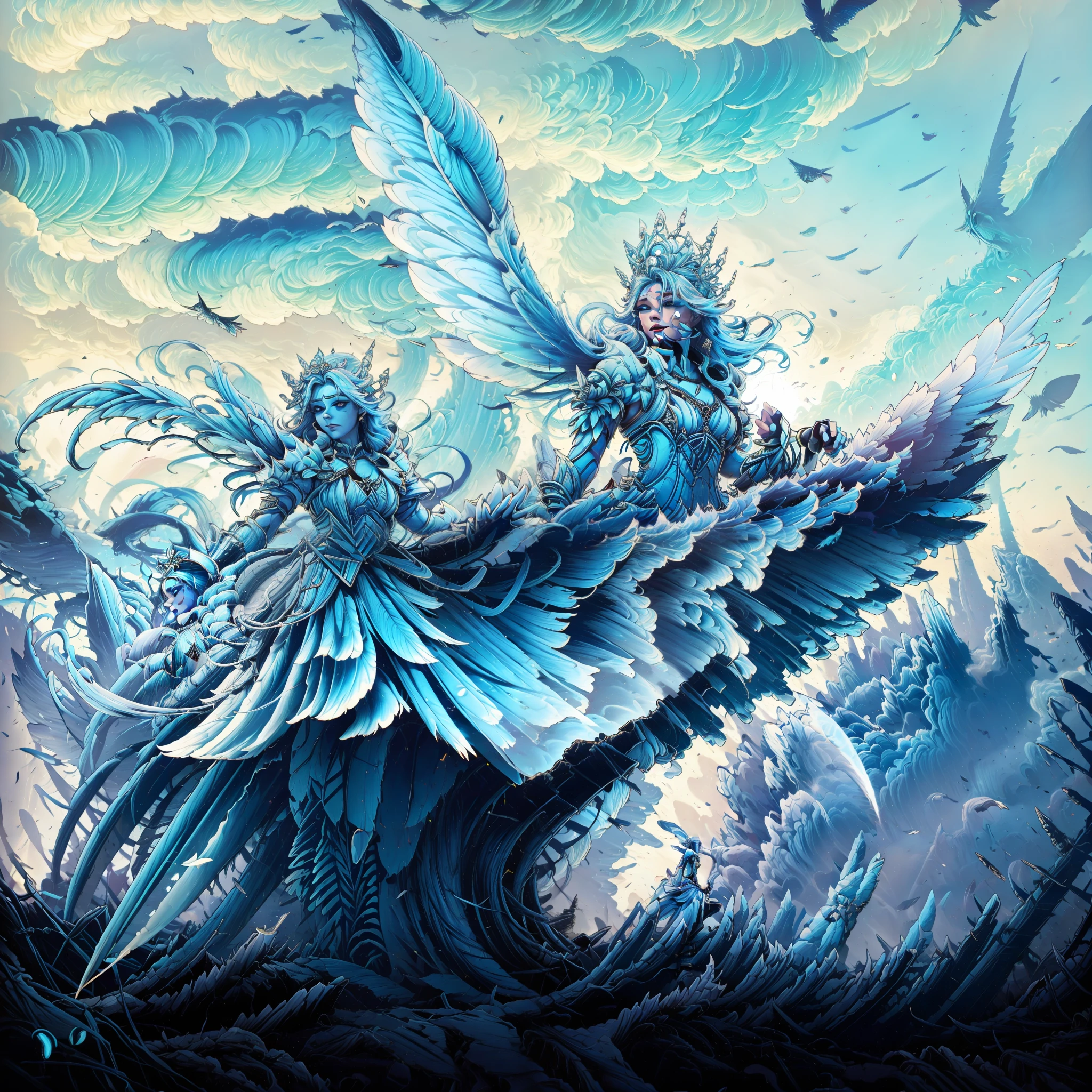 Cyclone Shot, vivid blue, white feathers, wind fairy princess, best quality, masterpiece