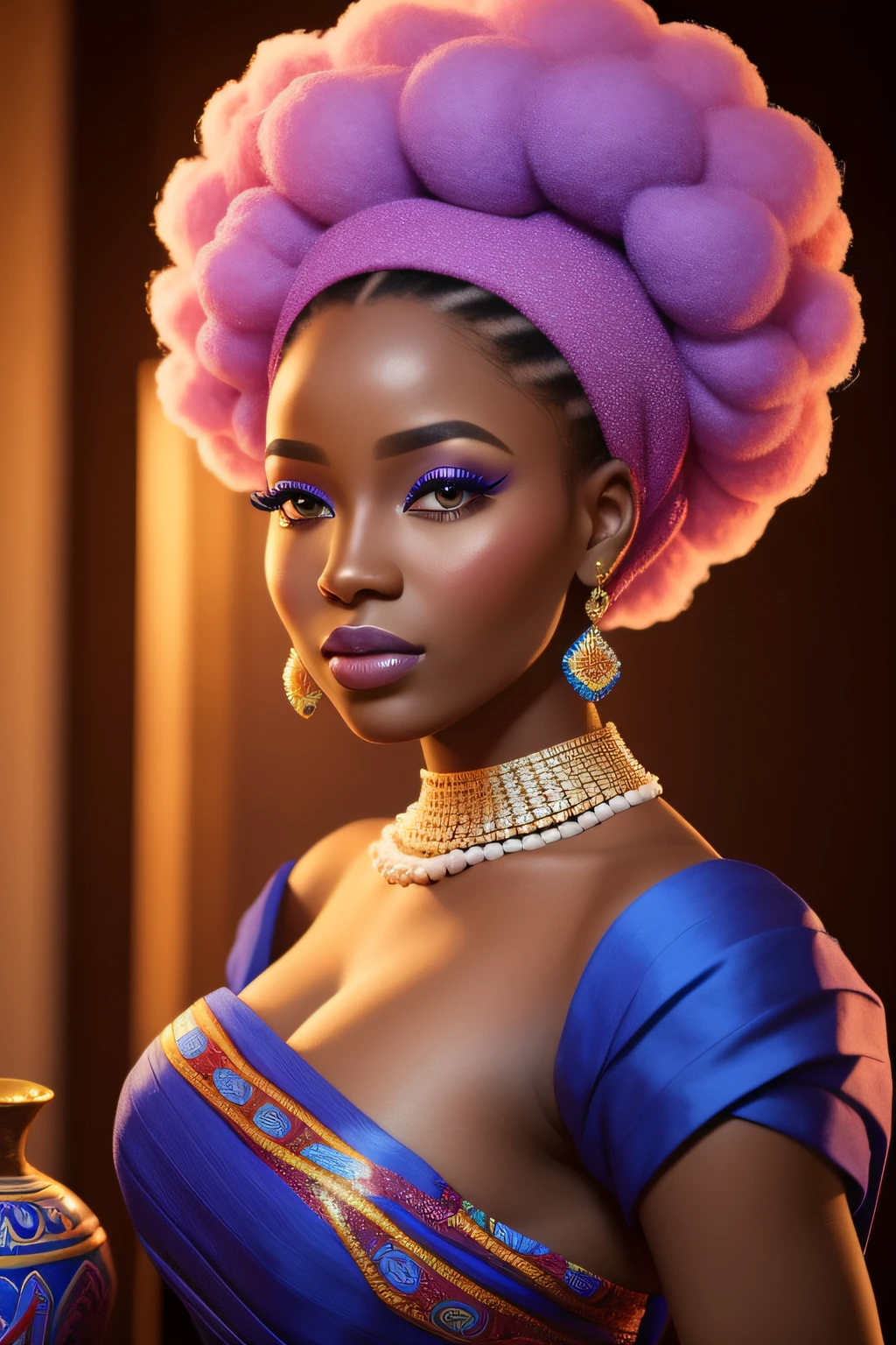 there is a woman with a blue dress holding a vase, stunning african princess, in style of nadine ijewere, traditional beauty, inspired by Chinwe Chukwuogo-Roy, edited, high quality portrait photoshoot, modeling photography, a beautiful young woman, african woman, african princess, a beautiful woman, high - end fashion photoshoot, photoshoot for skincare brand, Cotton candy afro and sprinkles around her lips