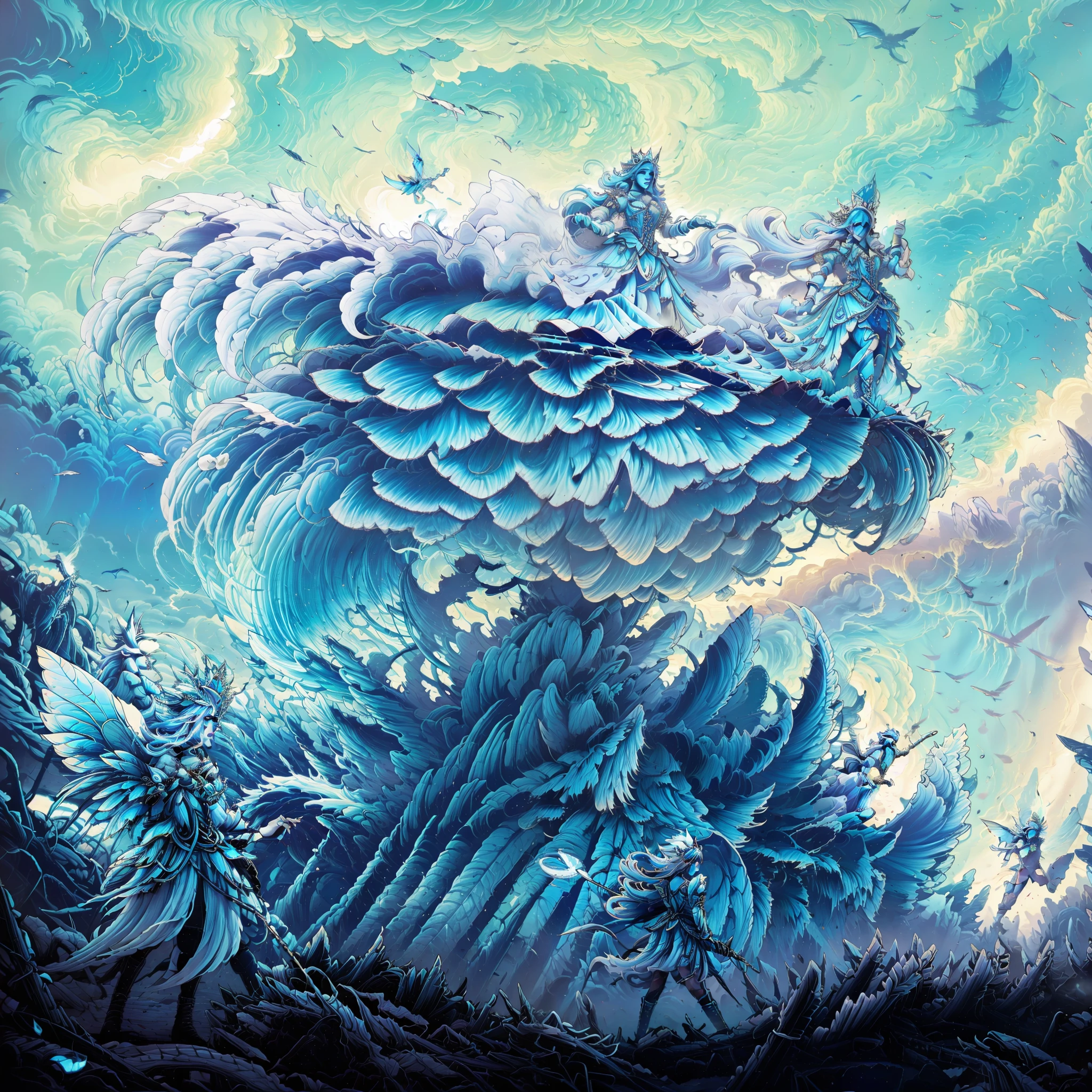 Cyclone Shot, vivid blue, white feathers, wind fairy princess, best quality, masterpiece