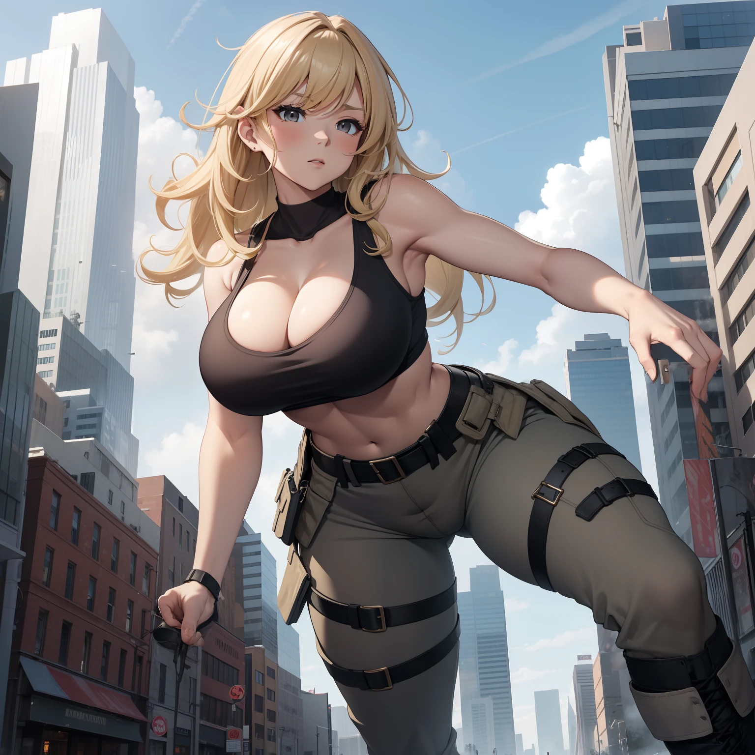 Cameo pants,large breast,muscular,thick thighs,best quality,masterpiece,blonde hair,curly,pale skin,brown eyes,army base,grey tank top,army boots,black boots,GtsGiga,cityscape,Gtscity,clouds,Rampage