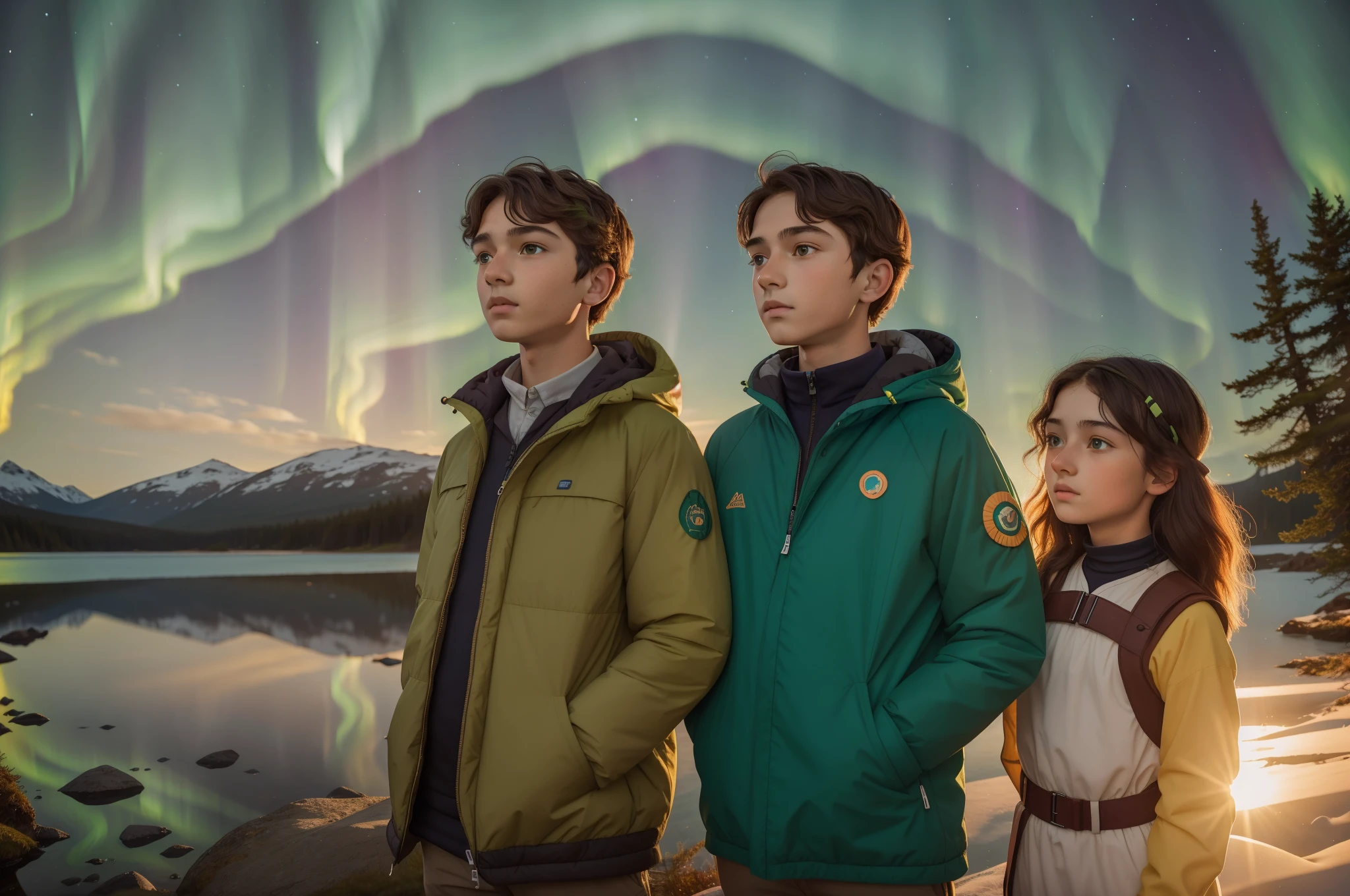 Marry the Pre-Raphaelite love for natural beauty with a 13-year-old boy with sun-kissed skin and bright green eyes, dressed in modern camping gear, as he gazes in awe at the awe-inspiring, sunlit Northern Lights during a family vacation in the Arctic wilderness. Modern 2023 clothing.