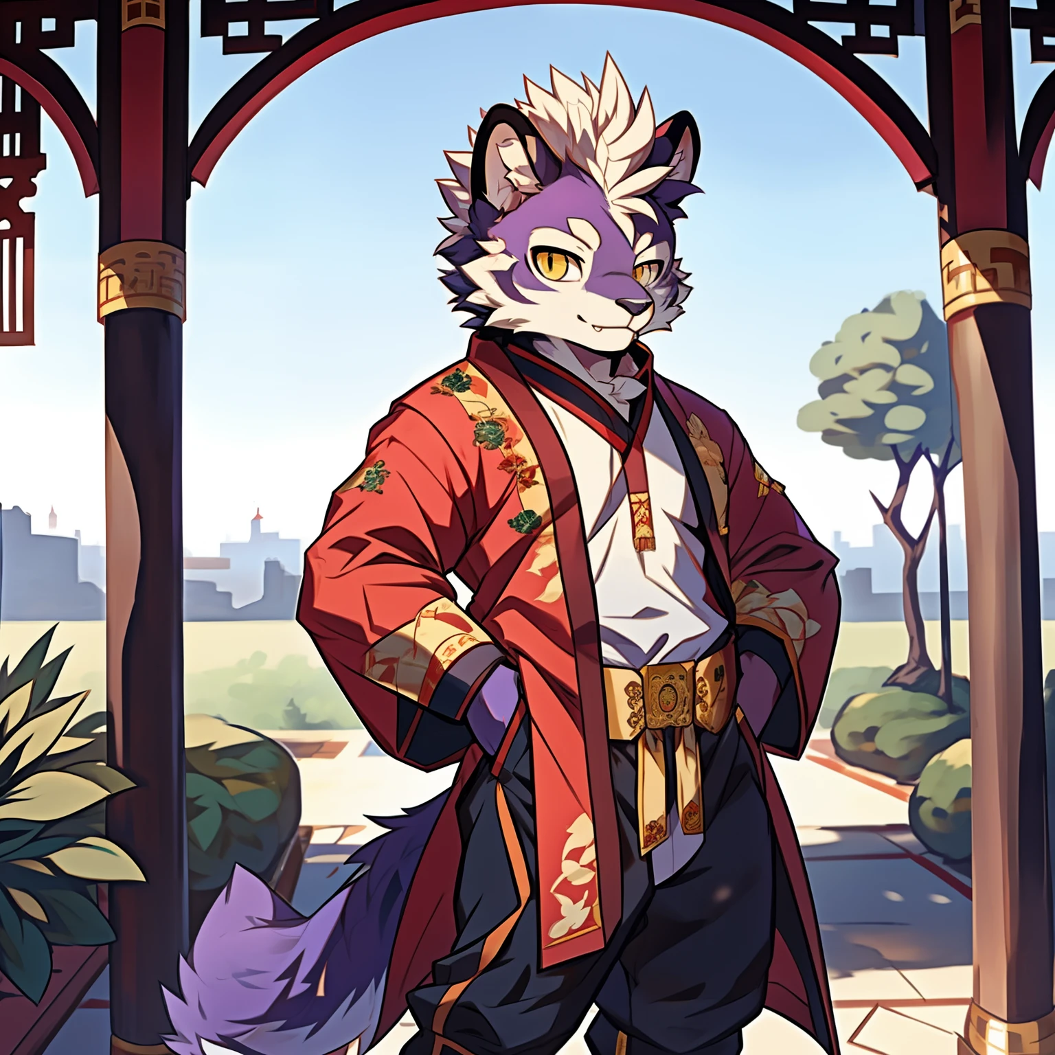 Best quality, Young, 15 year old, Furry, Solo, Male Tiger: 1.5, Purple colored skin:1.3, Purple fur:1.3, Yellow eyes, Muscular body, Wearing Chinese robe, Standing in the garden of royal palace, Mohawk hair, Detailed fur, Detailed cloths, Furry animal ears, Humanoid hand, Wearing Chinese style pants.