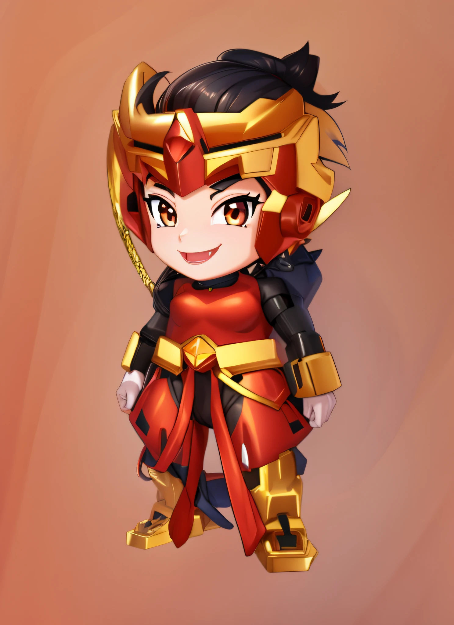 cartoonish proportions, smile, high detail, gold and red color armor, single wing, black hair, black eyes