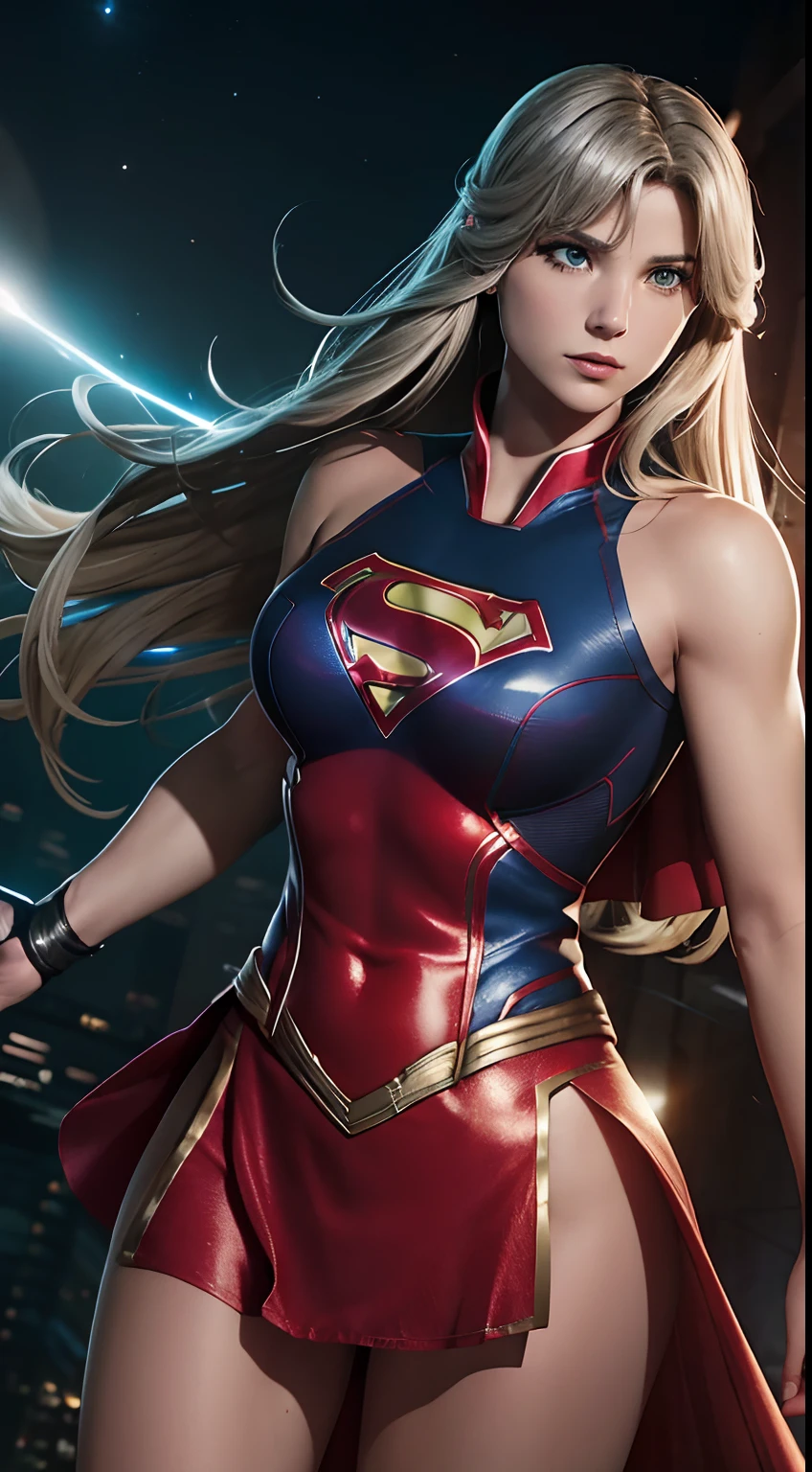 high cinematic quality, Fotografia Profissional, cena de fantasia, Supergirl stopping a missile, supergirl usa terno preto e dourado, terno sexy,com uma camada flutuante e um "s" no peito. The missile is long and silvery, com barbatanas nas costas e um cone na ponta, showing a futuristic and menacing look.