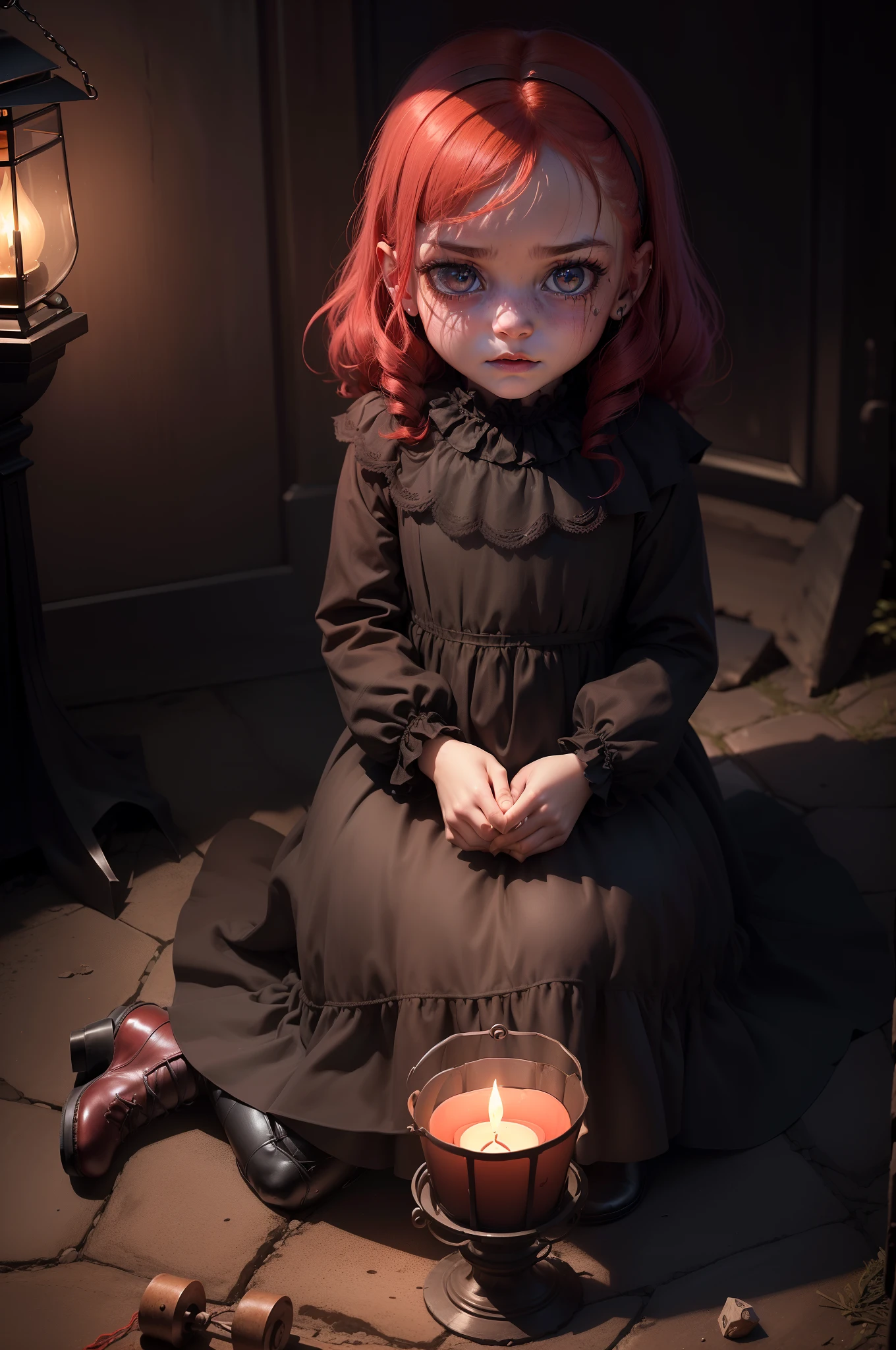 Dark scenery full of shadows around(imagens nas sombras parecem monstros(tudo escuro, Only an old lantern lying on the ground illuminates little with candlelight; in the scene a red-haired child (cabelo laranja)  (sardas no rosto),(rosto de medo)(fear expression)(vestido rosa neon estilo parisiense antigo)(muito linda olhos expressivos e ultra reais), (ela se esconde do terror noturno) next to a succubus,the child she is afraid of the dark Night terrors Shadows Darkness Beautiful -year-childaid of the dark, Ao fundo, a lamp illuminates part of the darkness, Child of total darkness sitting in fear, pavor, suspense, terror, horror medo, horror scene, fear of the child, everything causes fear , sombras na penumbra, nevoeiro, mists, medo