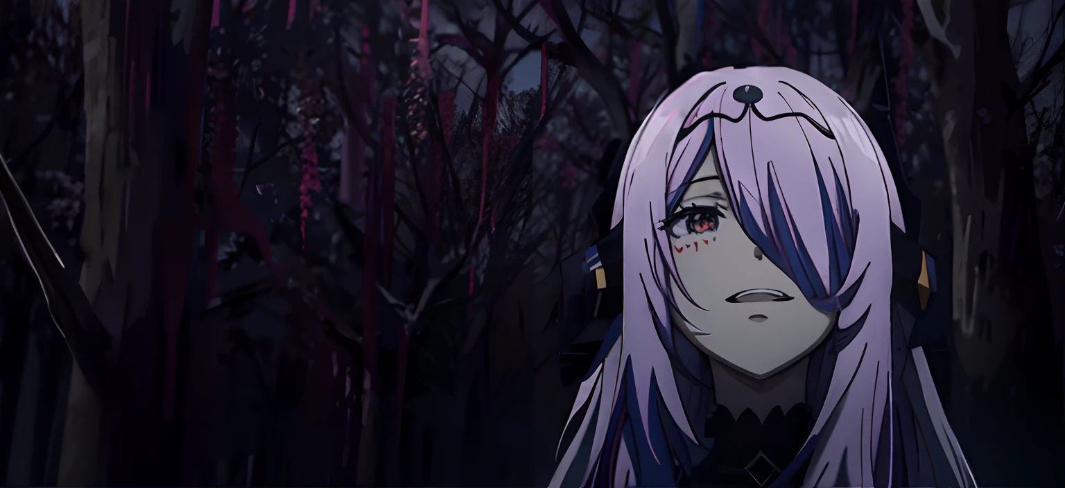 anime, Una chica con cabello largo y morado y una blusa negra se encuentra en un bosque oscuro, Gapmoe Yandere Grimdark, Screenshot of anime movie, today's featured anime still, Retrato Gapmoe Yandere Grimdark, Captura de pantalla de Guro Anime, Anime Jormungand, In anime movie, Fotograma del anime, Fotograma de anime de TV