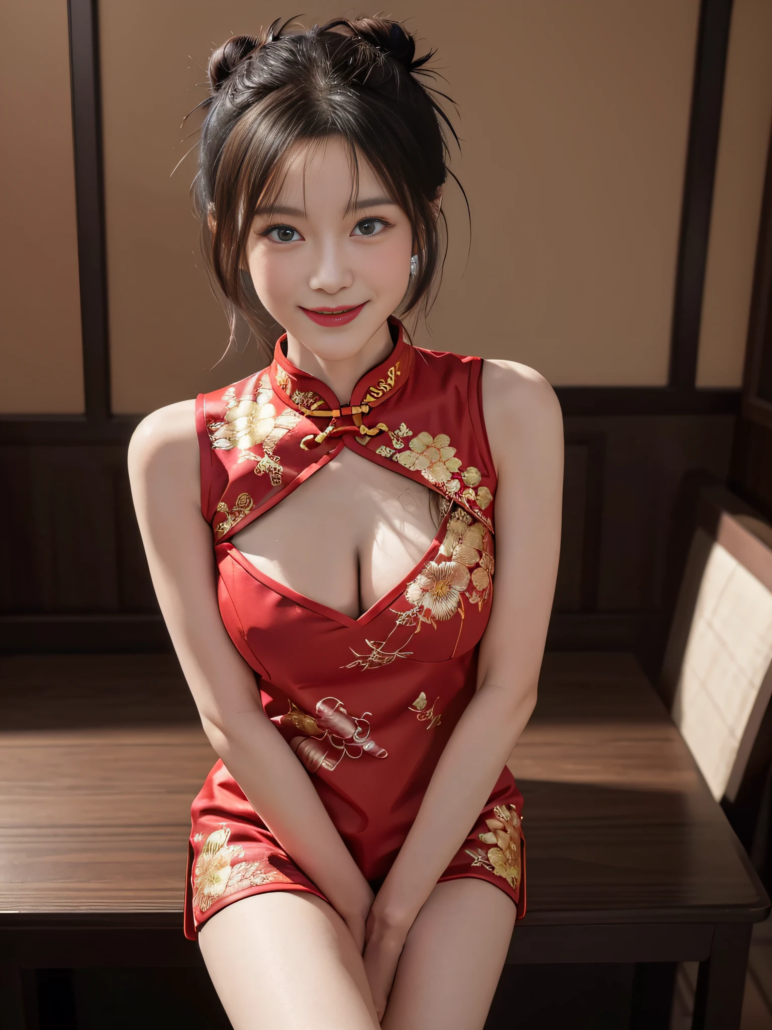 (8k、Raw photography、highest quality、masterpiece:1.2),(black haired、very short hair:1.8),(twin mitsu braid:1.4)、show viewer,Looking at the front,erotic,白いskin,(She wears a red floral cheongsam。.:1.7)、()、(Clothing that emphasizes the shape of your chest、publish one'skin:1.8)、(big breasts :1.4)、slim body shape、ultra high resolution,beautiful,beautiful fece,(alone、no background:1.9),whole bodyボディー,japanese woman,(Photoreal:1.37)、photon mapping,reality、(Baby-faced and cute: 1.0)、(cute smile: 1.7)、(With a round face: 1.7)、radio city、Physically based rendering、depth of field rally background、photograph, (I can see your knees,close up of thighs:1.5),whole body、super fine