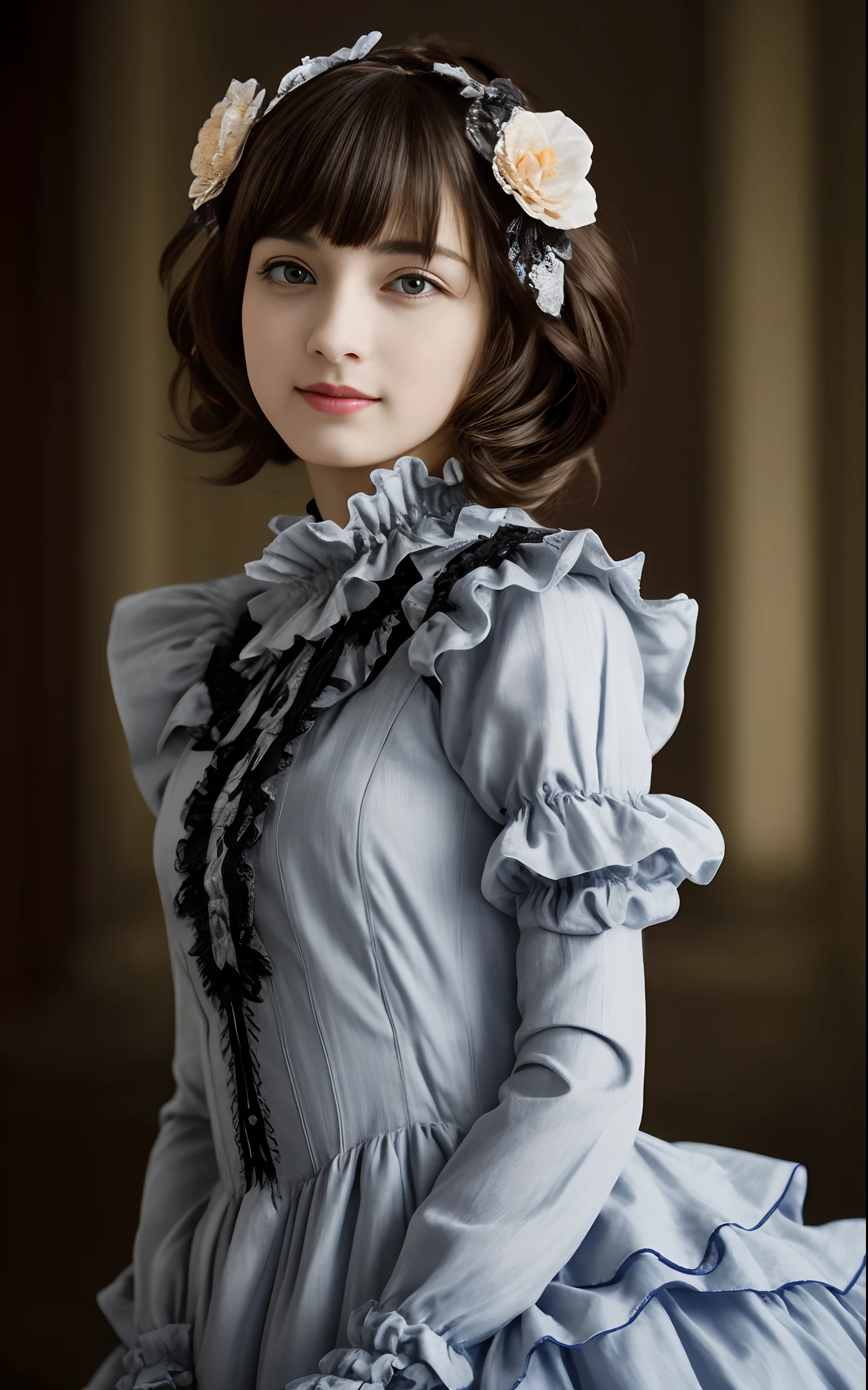 kawaii petit child childish innocent ankle-biter 1girl 8yo, star-shaped pupils small_star symbol in the pupils and iris, ((skindantation)) ((flat chest)) +++, extremely detailed character, (an extremely delicate and beautiful), solo focus, straight-on, dramatic angle, depthoffield, (expressionless languorous cute, beautiful detailed eyes lower eyelashes eyelashes, intricate:1.3 ((Gothic Lolita)) ((Frilled)) dress,skirt, Headdress, bowknot, (((hair ornament))), hair flower, eyeliner skindantation black fishnet_pantyhose, garter straps, Lace, cross-laced footwear, frilled blouse ribbon-trimmed sleeves), bloomers [background(building architecture, stained glass ((gothic architecture)) church, (castle), [fantasy])] stained glass candlestick chain iron prison, St. Peter's Basilica, vachican, portrait , +++ 
blue eyes, 
deep amber hair, 
short hair , 
twin ponytails, 
streaked hair , 
blunt bangs, 
sideburns , 
kind smile, 
nose blush , 
head_tilt standing  
+++, +++ extremely quality extremely detailed deep-silky-healthy-lackwarm-foundational-soft-skin high resolution, contrapposto glow shine like opal magnificent photo realistic ray trace depth of field hiqcgbody ++ Faint lips,UC:realistic, cinematic lighting cinematic angle Girl at the front dynamic pose