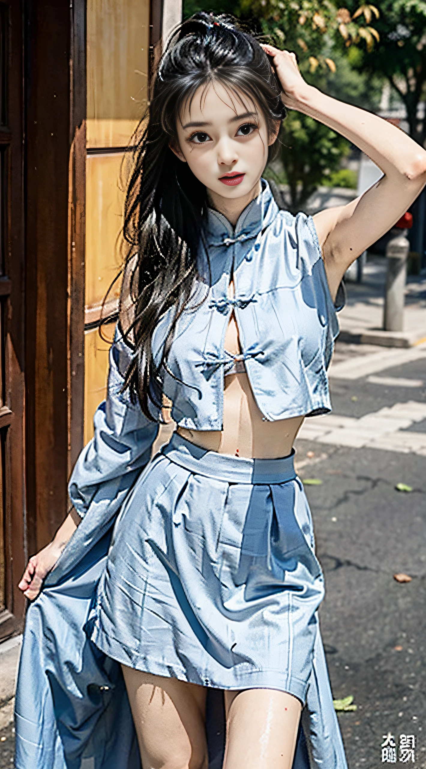 Master quality, Highest quality, Best picture quality, Exaggerated details, A lovely 18 year old asian girl,The expression is shy, Slightly squinted eyes, Adjust her hair, Long eyelashes (Long hair / Very, Very exaggerated, Firm breasts / Crop top tissues, ), Pose and stand in front of the camera with your head up, Wet-chested Hanfu, Slim and high-waist, Silk lace, xintong chen, Chinese clothing with openings, Details breasts , the detail, Soaked with sweat,