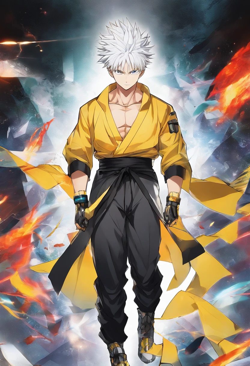 Masterpiece,1BOY, Solo, simple background, looking at viewer, light smile, metal necklace, kakuran, bandage, black pants, troublemaker, Garou, one punch man source, exposed abs, dangerous yellow eyes, spiky upwards white hair, strong, muscular