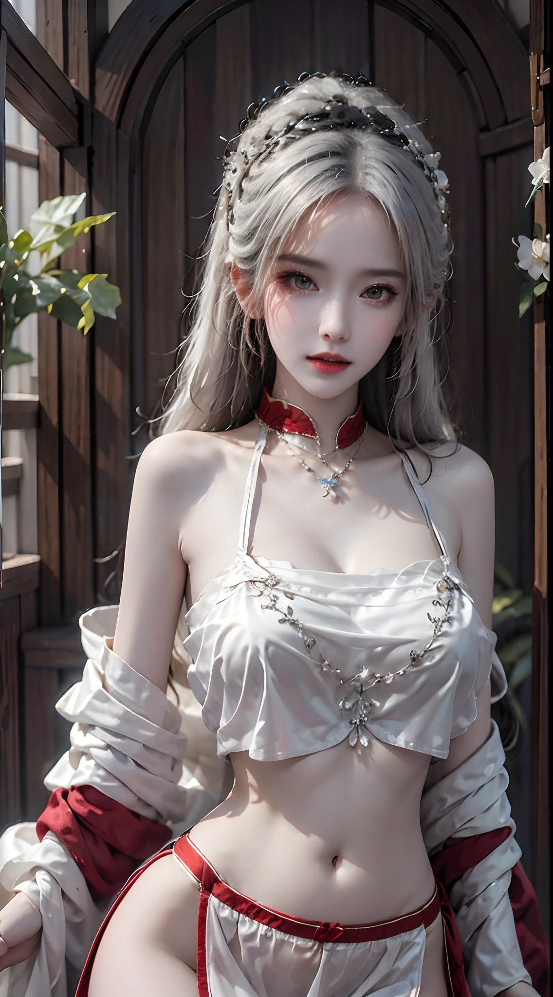 photorealistic, high resolution, soft light,1women, solo, hips up, (detailed face), jewelry, outfit-skyline, white hair, red shidudou