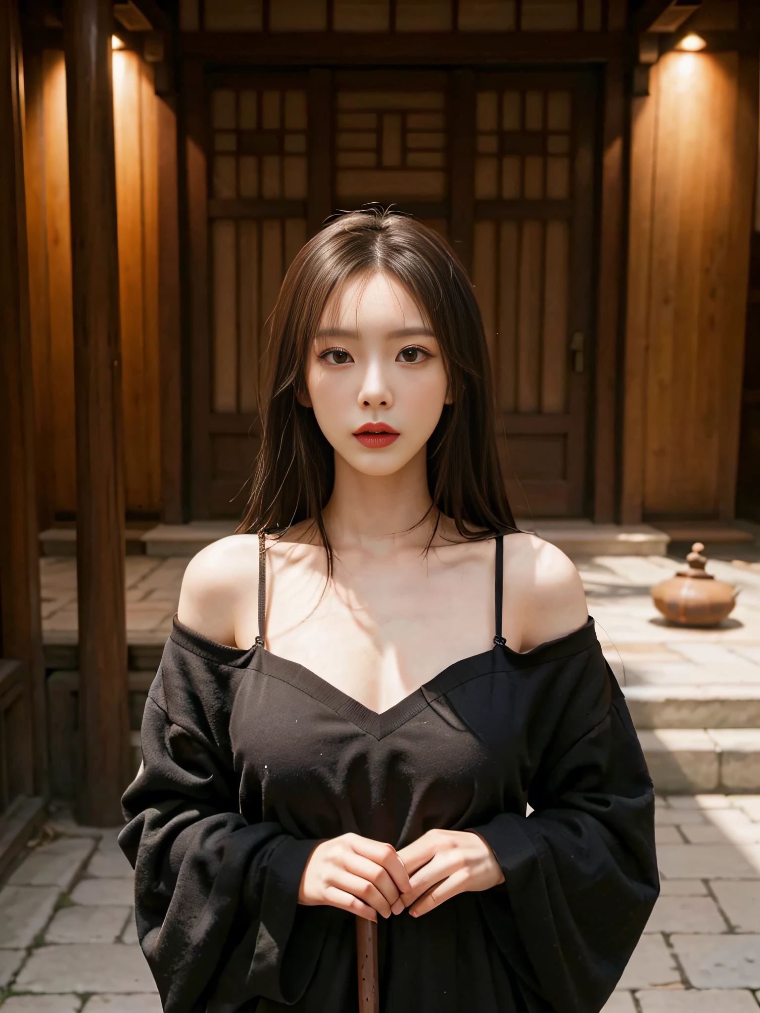 Best quality,masterpiece,ultra high res,(photorealistic:1.4),xiuxian,weapon,Detailed face,
1girl,solo,weapon,cleavage,(magic circle:1.2),xiuxian,upper body,Beautiful girl,full body,large breast, east asian architecture,sheath,architecture,