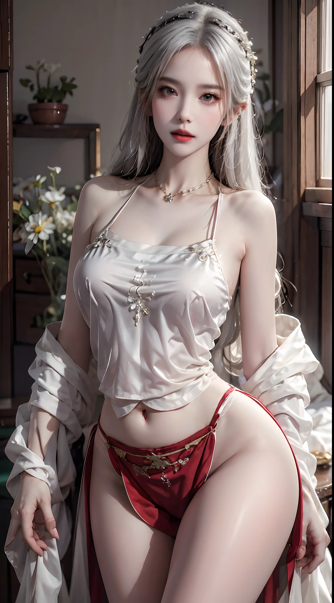 photorealistic, high resolution, soft light,1women, solo, hips up, (detailed face), jewelry, outfit-skyline, white hair, red shidudou