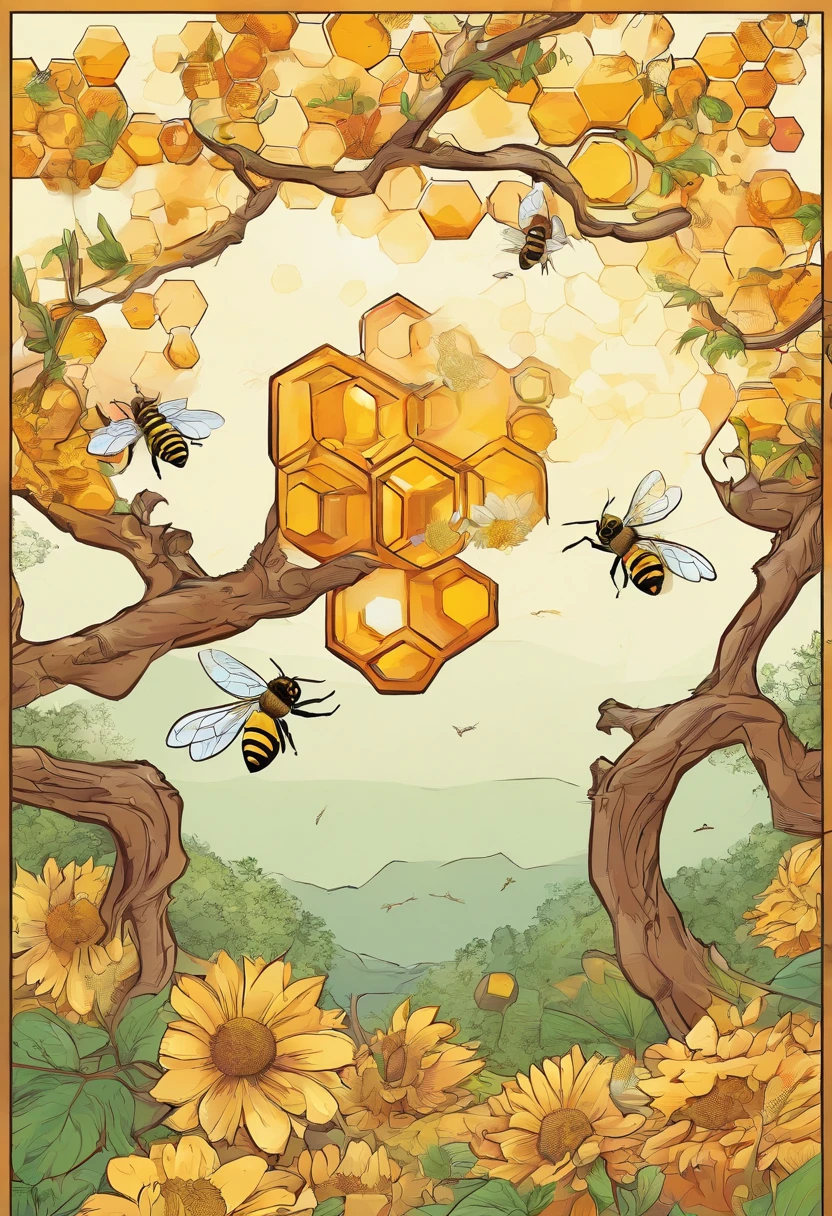 A honeycomb on tree , honeybees around the honeycomb and trees , flowers, birds , 2d Vector Art , vector art