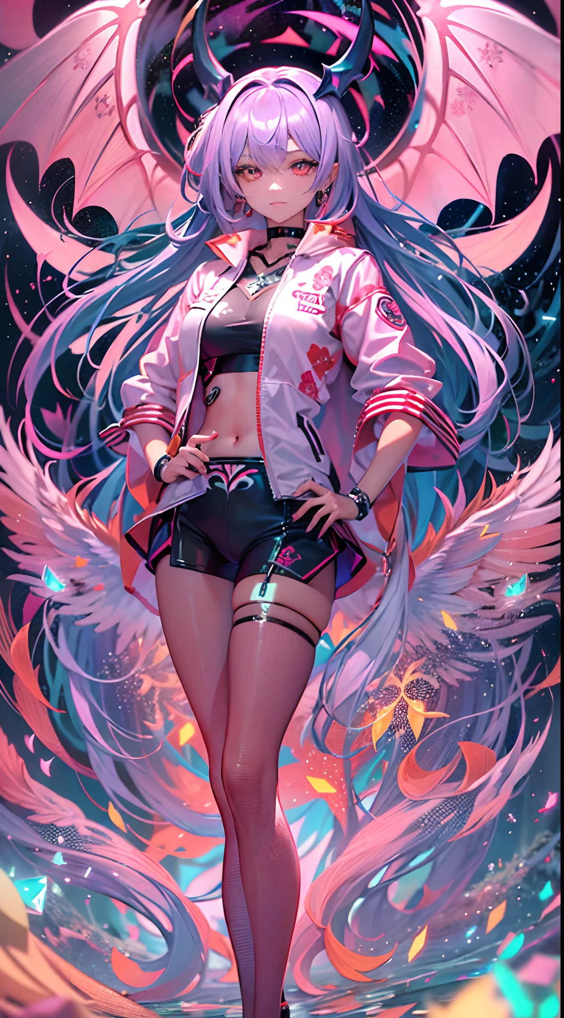 ((masutepiece)), Best Quality, absurderes, ultra-detailliert, Holographic, A captivating succubus with twin wings, rendered in a surreal, abstract style, illuminated by a kaleidoscope of colors.Cowboy Shot, Super cute girl, Mature girl, Super beautiful asian girl with very beautiful purple glowing eyes, Beautiful shining white multicolored hair, Nice and sexy body, Slim body, Perfect body, Wearing super tight anime print boxers, Super tight shirt with anime print, Super aesthetic pink jacket, Staring into a glowing mirror,