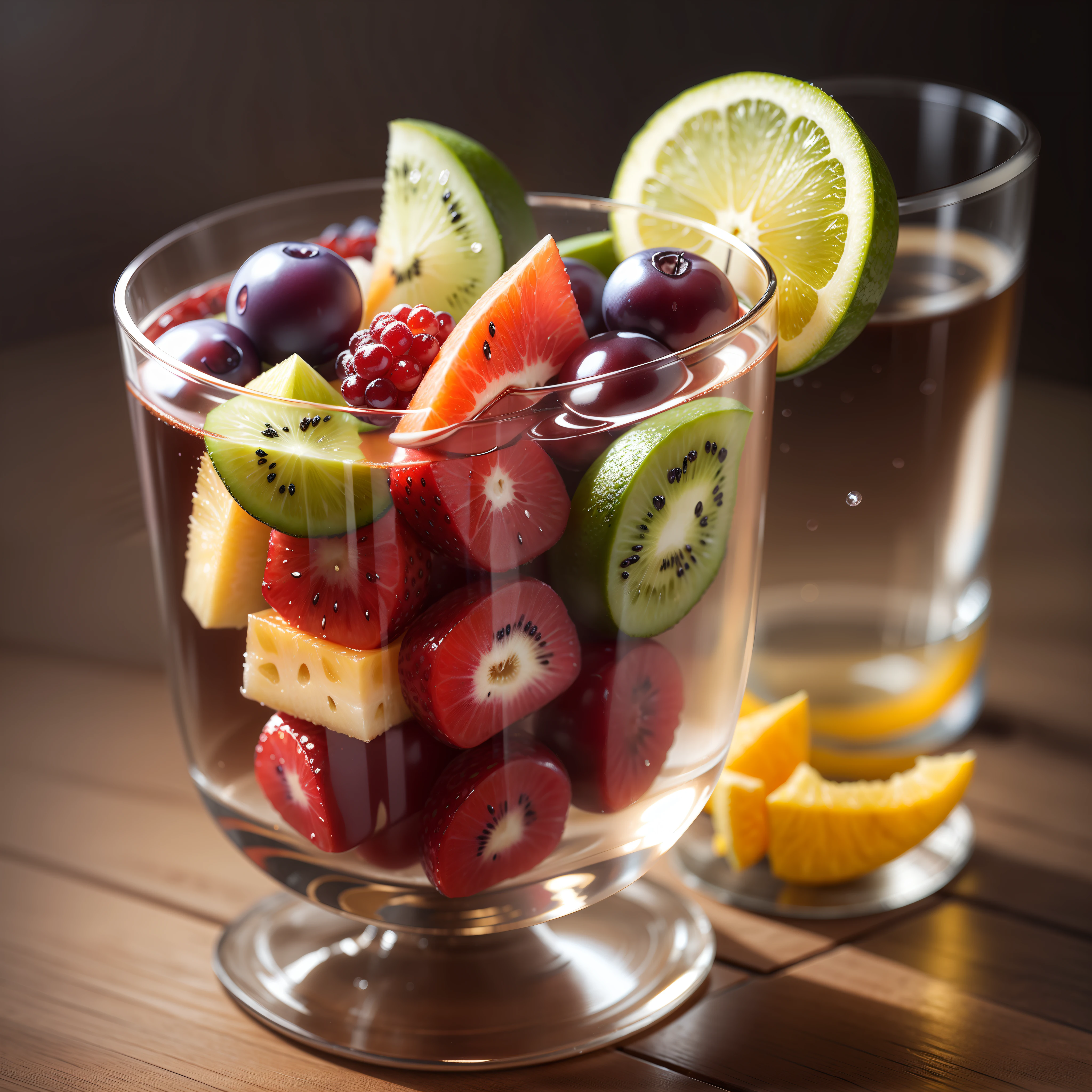 tmasterpiece,Fruit and ice cubes in clear glass,morango,grapes,kiwi fruit,Berry,pineapples,(ice cubes),(Hyper-realistic:1.3)