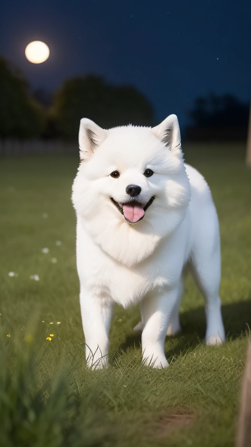 One in the middle of the moonlit night is Samoyed，Leakage throughout the body，the feet，Do not be blocked by objects，being in the grassland