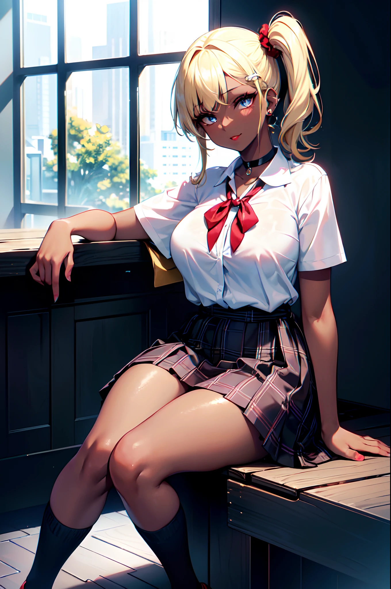 Transcendently Beautiful Girl, evil smile, (masterpiece face, masterpiece eyes:1.3), (blonde side ponytail, one side up:1.3), BREAK, (long eyelashes, red lips), (deep skin, dark skin:1.3), choker, piercing, Scrunchie on wrist, (JK gal:1.3), (white short sleeve blouse), 
 (Navy plaid ribbon and pleated skirt), cardigan wrapped around waist, (loose-socks), loafers, Huge_breasts, wide_lower back, thick thighs, full_body, sitting, professional lighting, best quality, masterpiece, ultra detailed, captures a super cute moment, depth of field, ultra high resolution, fine details, 16k wallpaper,