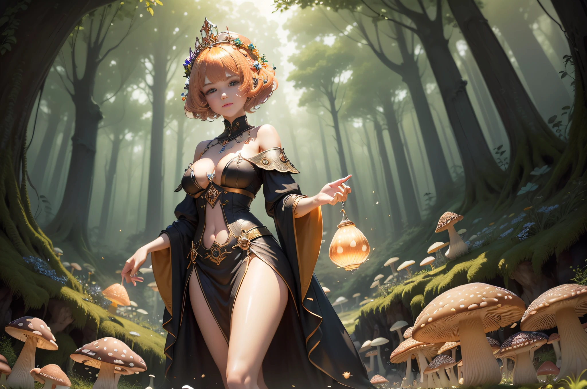 masterpiece++, top-quality++, ultra-definition++, ultra-definition++, 4k++, 8k++, (Background Focus++、Peach hair, short-haired, Sexy dressed woman casts mushroom spell, Mushroom runes, The magic of mushrooms, Mushroom magician, druid, Goddess of mushrooms, detailed fantasy art, fantasy art style, Beautiful Ancient Mushroom Witch, Queen of mushrooms, Beautiful mushroom magician, Shiny floating mushroom fragments, Mushroom magic circle, Dazzling mushroom sparks, mushroom, Hair with the wind blowing mushrooms, Mushroom crown, Detailed clothing, Mischievous aura, Bewitching face, tall body, Mature body, seductive body, detailed beautiful faces, detailed shiny eyes, Detailed skin, Full body break, details, realisitic, 4K highly detailed digital art, octan render, ((((bio luminescent)))), BREAK8K resolution concept art, ​masterpiece, top-quality, Official Art, illustration, perfect-composition, absurdres, Fantasia, Focused, thirds rule