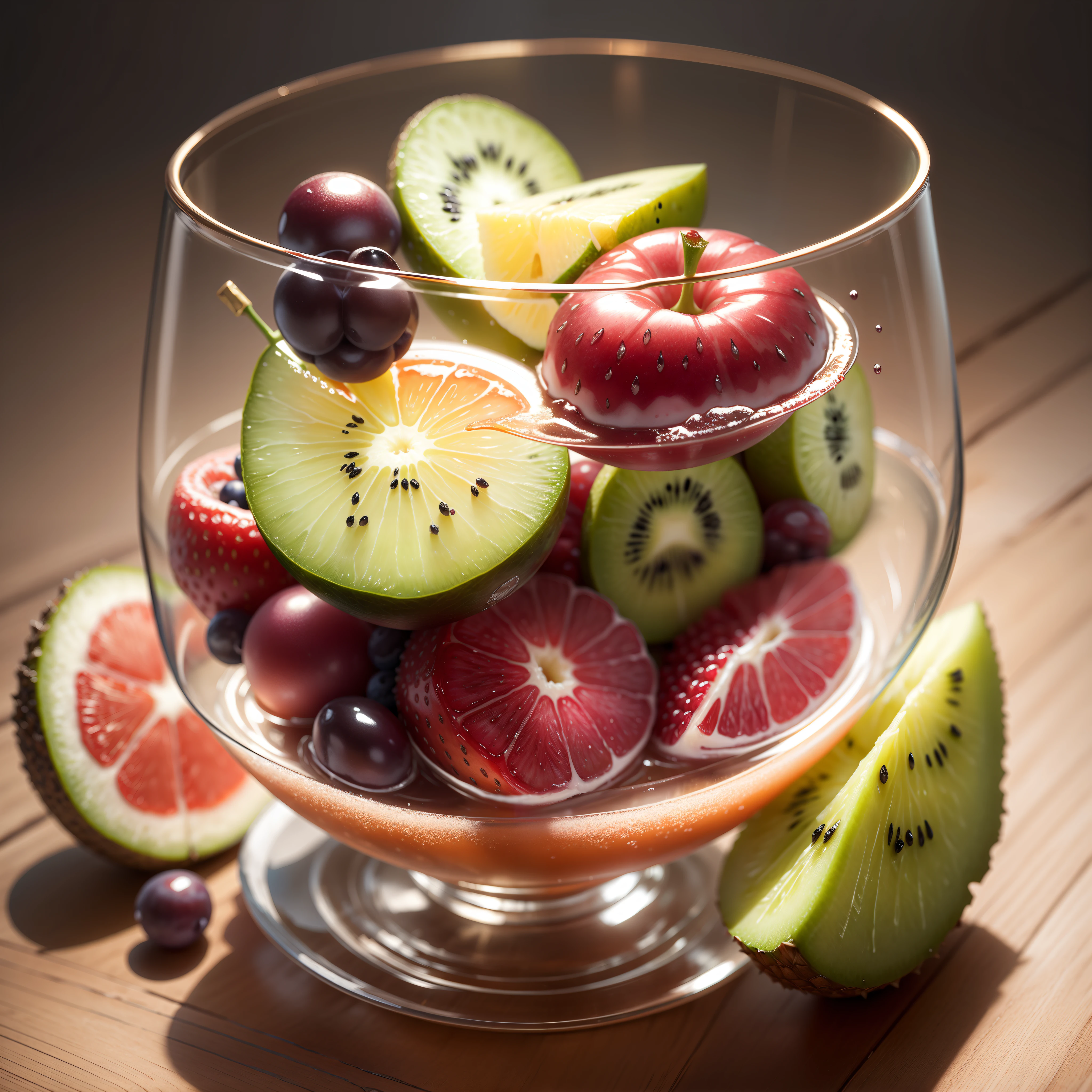 tmasterpiece,Fruit and ice cubes in clear glass,morango,grapes,kiwi fruit,Berry,pineapples,(ice cubes),(Hyper-realistic:1.3)