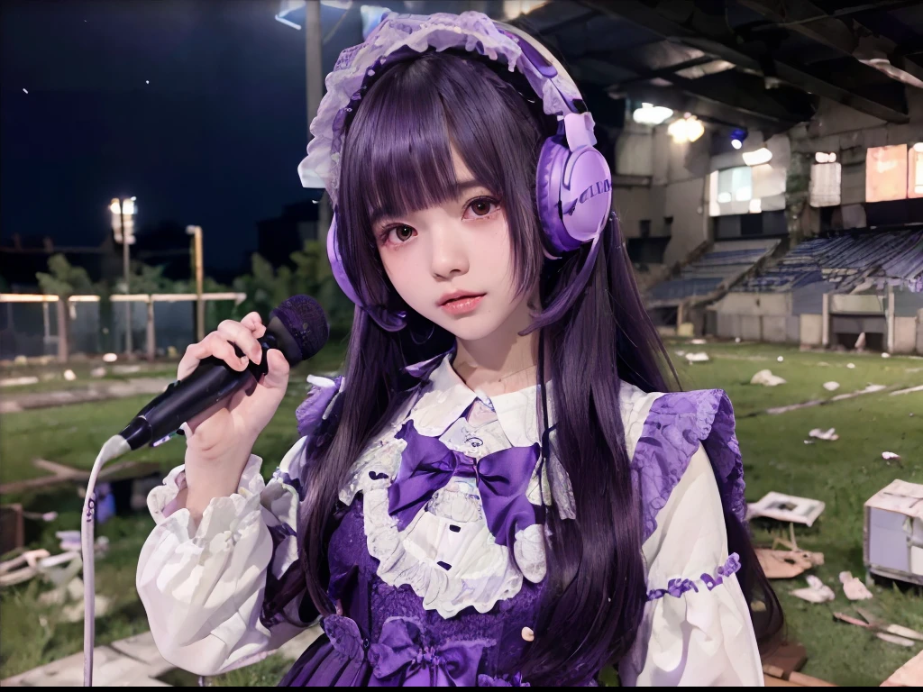 8K, Raw photo, Photorealistic, Realistic, (Detailed skin, Best Quality:1.2), (sweetlolita dress), Teenage girl at night, (purple long hair, long_hime_cut_hairstyle:1.2), (, Fairer skin), (wearing headphones, hold a microphone:1.1, in the abandoned stadium at night:1.1, rough ground:1.2)