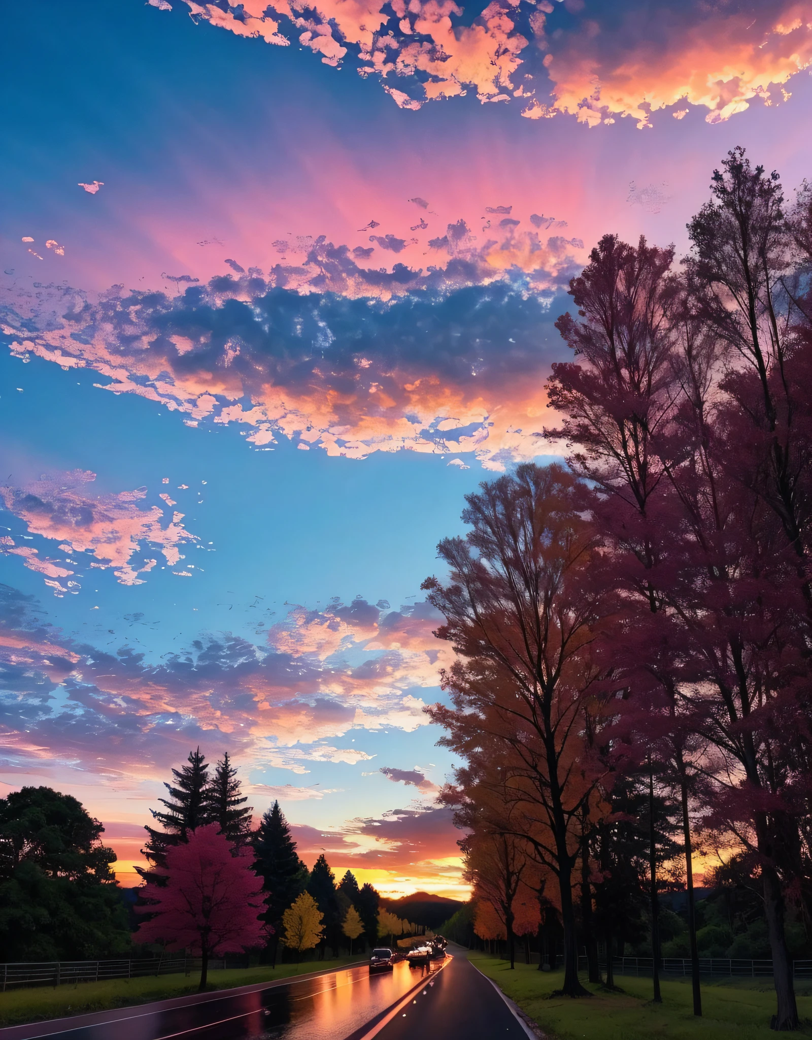 Had a beautiful sunset,The background is the road and the trees lining the road,There are vehicles on the road,There are pedestrians on both sides of the road,Colorful sky,Surreal colors,Colorful sunsets,stunning skies,Fantastic atmosphere 8K,Colorful flowing clouds,surreal sky,Red and blue reflections,Fire reflection,beautiful sky,Beautiful and spectacular dusk,Beautiful Dreamy Landscape,Amazing sky